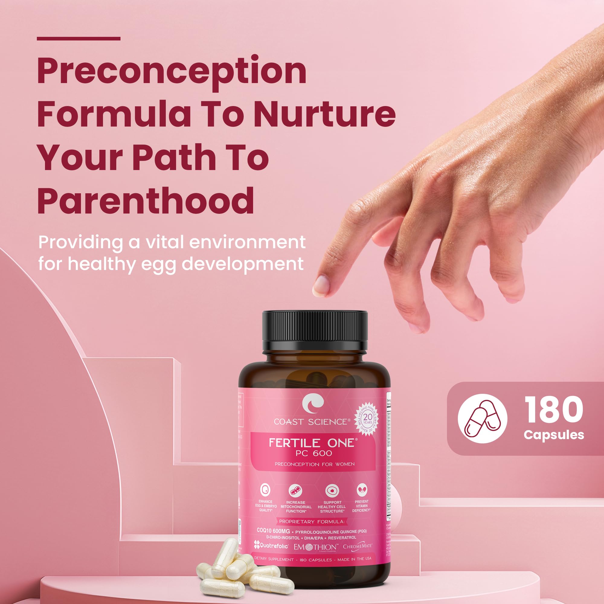 Fertile One PC 600 - Advanced Preconception Supplement with 600mg CoQ10 for Women's Reproductive Health | Supports IVF & Fertility Enhancement | 180 Vegetarian Capsules | Perfect for Pre-Pregnancy Planning & Fertility Support