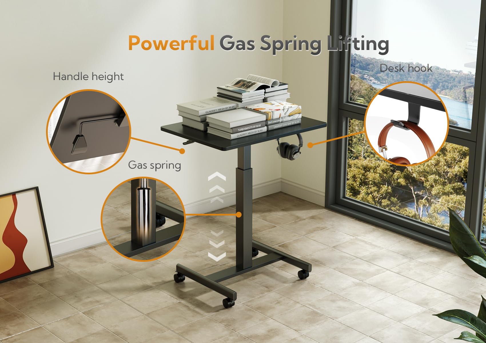 Claiks Adjustable Mobile Standing Desk with Wheels - Compact Rolling Workstation for Home Office, Pneumatic Height Laptop Desk with Hook (Black) - Perfect for Small Spaces, Remote Work & Ergonomic Workspaces