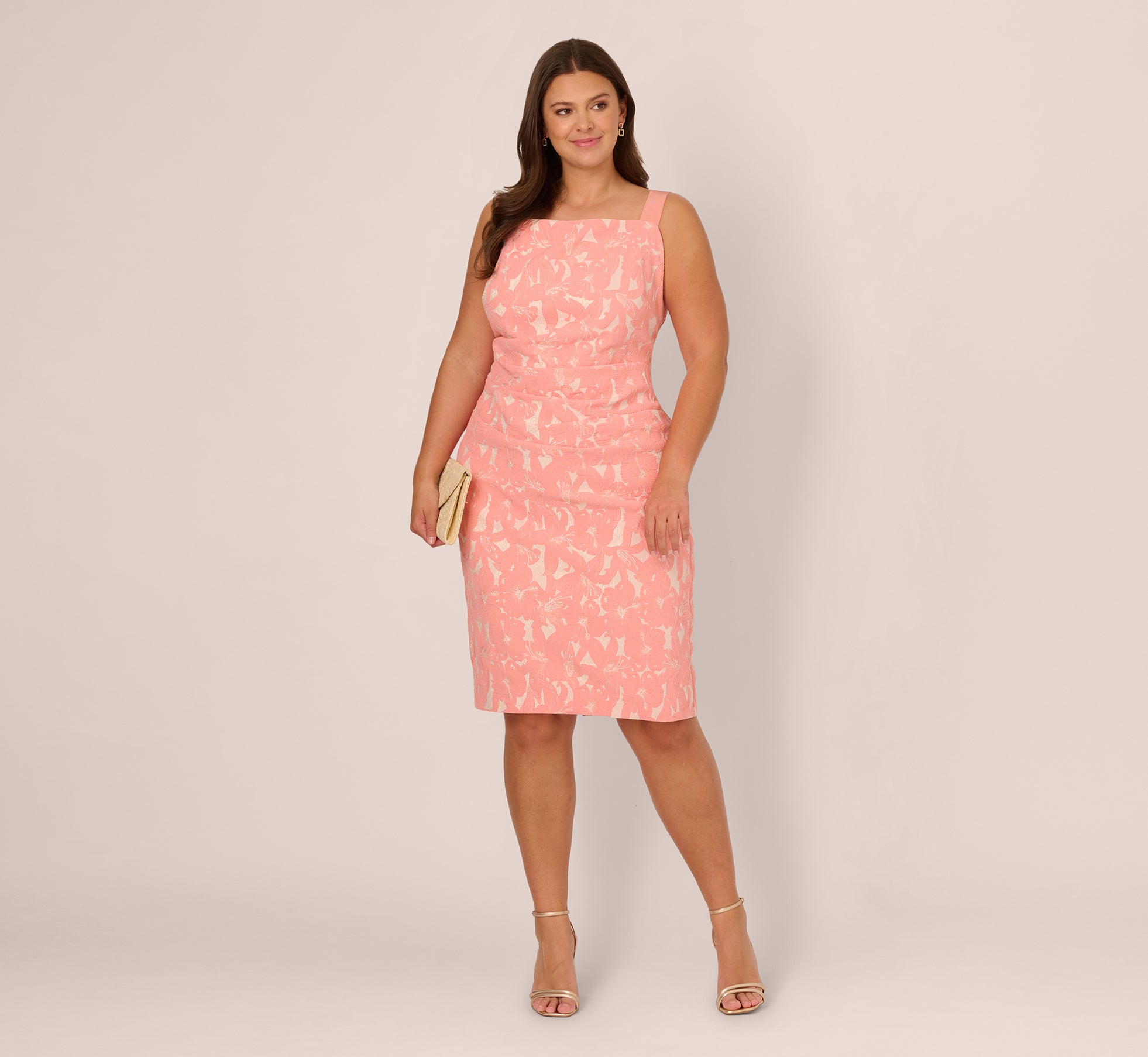Plus Size Floral Jacquard Sheath Dress with Tucked Details - Light Coral Summer Dress for Women | Perfect for Beach Weddings, Garden Parties & Office Wear