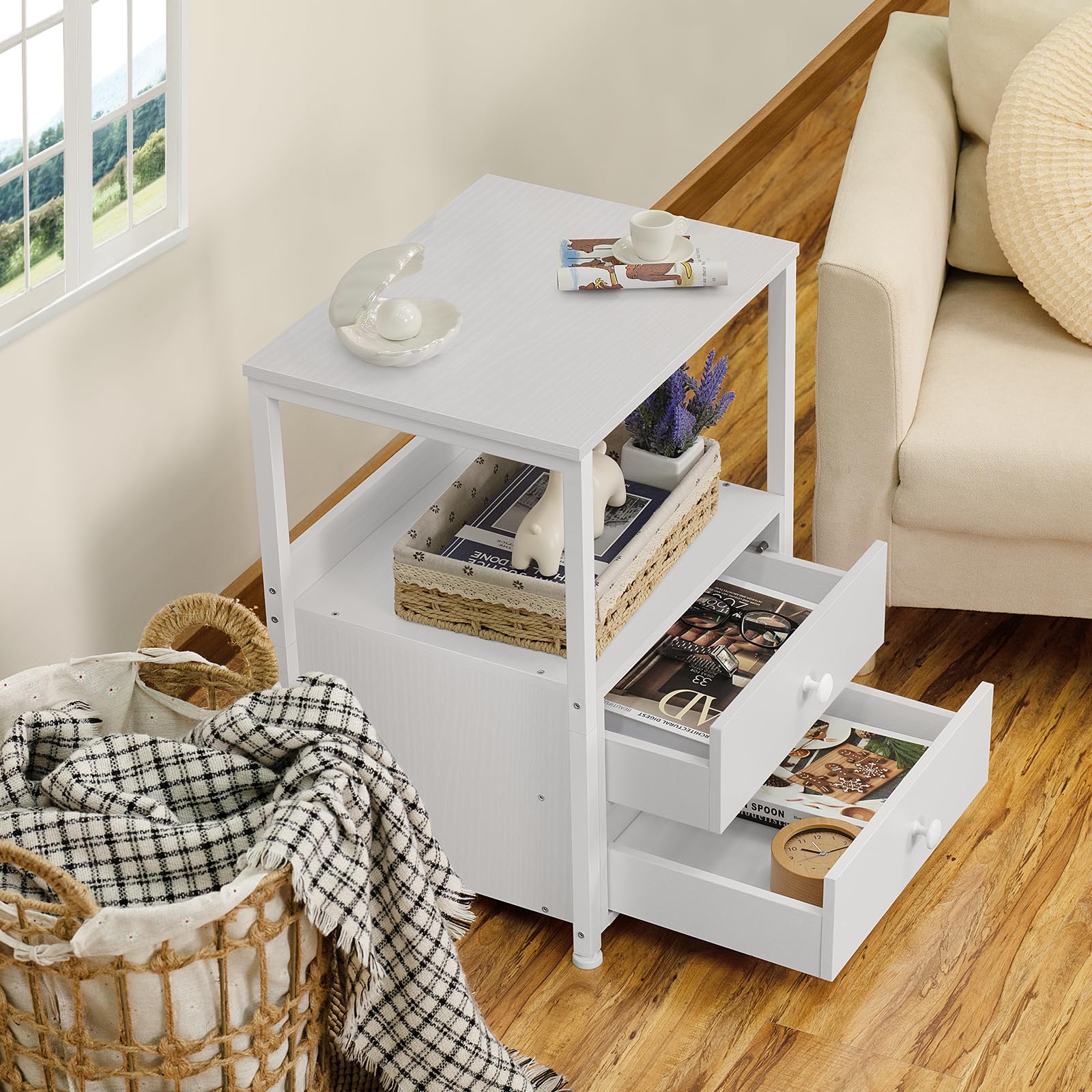 Industrial Nightstand with 2 Drawers & Open Shelf - Steel Frame Bedside Table for Bedroom & Living Room - Sturdy White End Table for Small Spaces - Perfect for Apartment, Dorm, Guest Room & Home Office