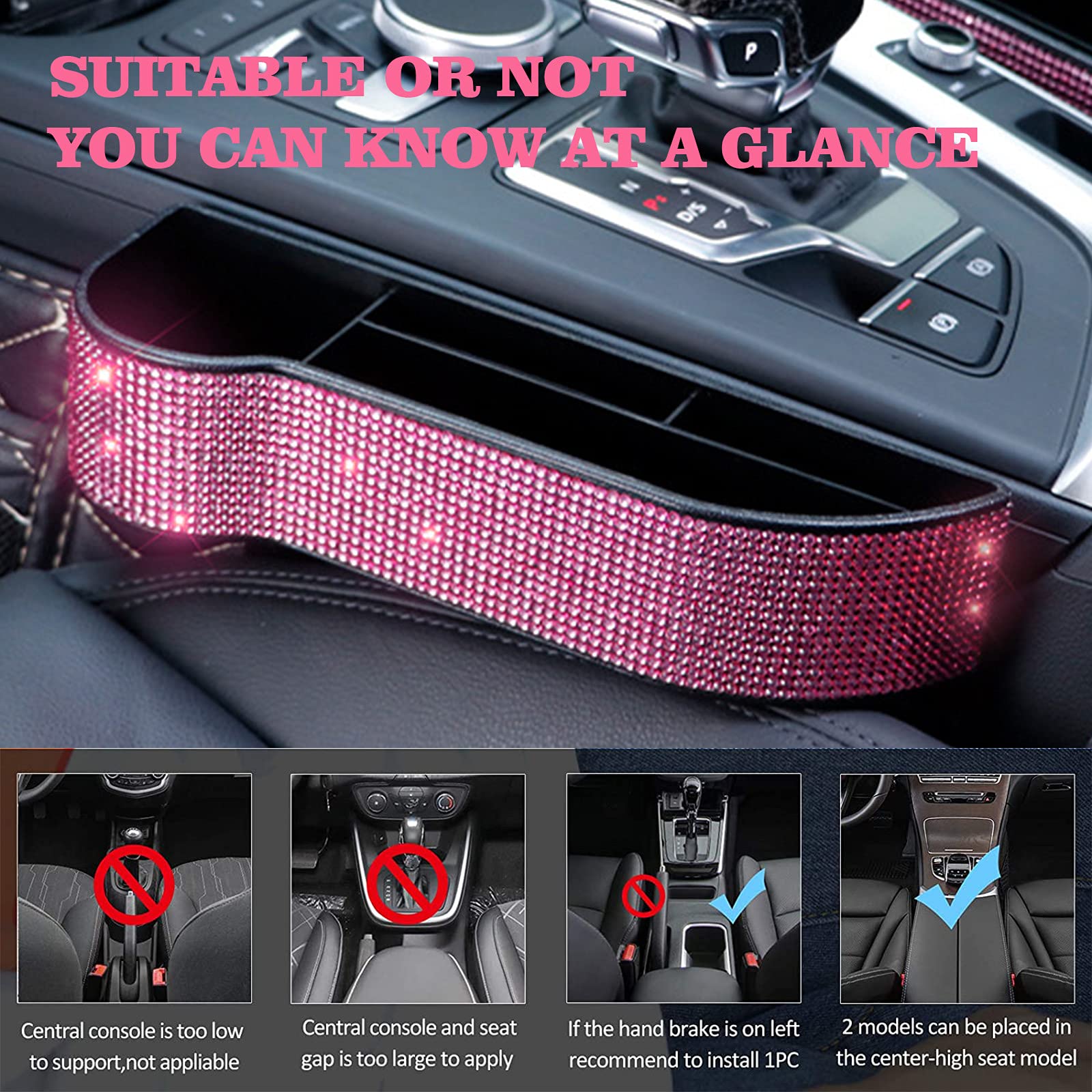 Diamond Crystal Car Seat Organizer - Console Side Pocket Storage Pouch for Cellphone, Wallet & Keys | Bling Bling Auto Gap Filler Caddy (Pink, Passenger Side) | Perfect for Road Trips & Daily Commutes