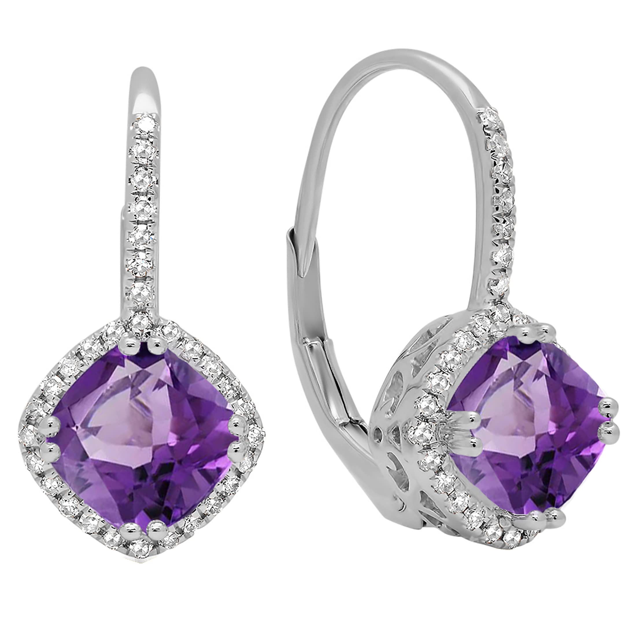 Dazzlingrock 10K Solid White Gold Women's Halo Hoop Earrings with 6mm Cushion Gemstone & Round White Diamond - Elegant Jewelry for Parties, Weddings & Special Occasions