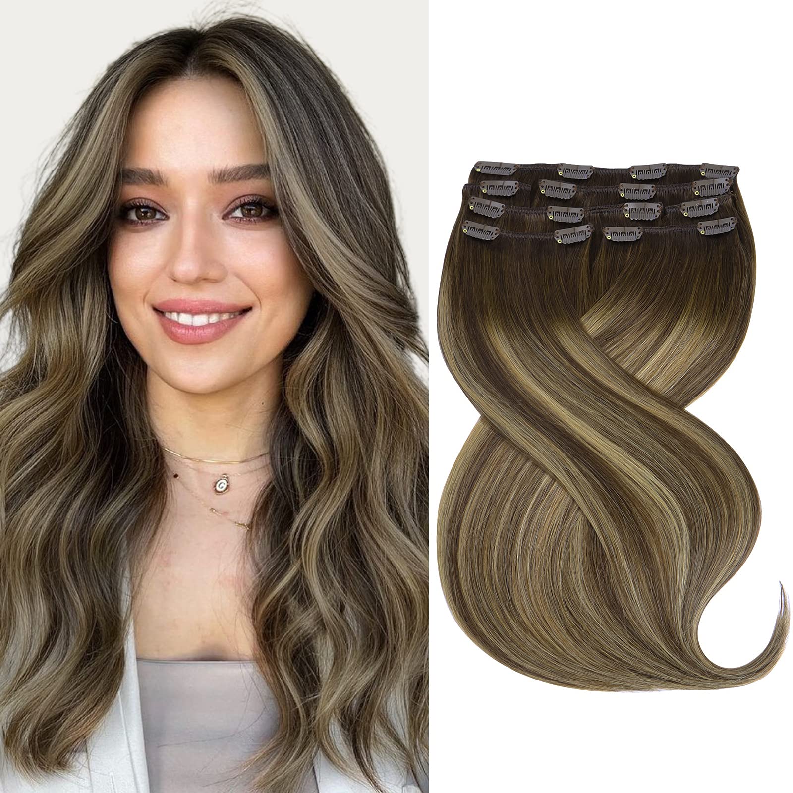 Marat Clip in Human Hair Extensions 14 Inch 120g - Balayage Chocolate Brown to Honey Blonde Straight Hair Weft - Perfect for Daily Styling, Parties & Special Occasions