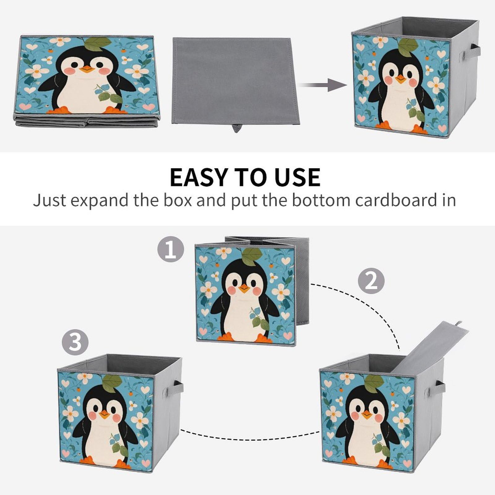 6PCS Collapsible Storage Bins with Handles - Cute Penguin Print Organizing Baskets for Shelves, Closet, Bathroom & Kids Room | Multi-Functional Foldable Storage Containers for Home Organization