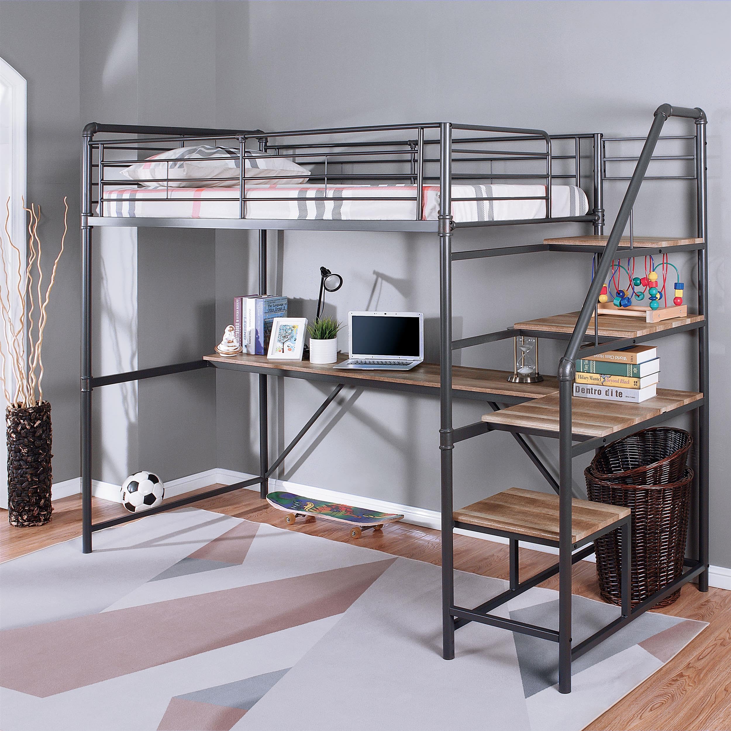 Pico Metal Twin Loft Bed with Workstation in Sand Black - Space-Saving Study & Sleep Solution for Kids & Teens | Durable Metal Frame & Built-in Desk | Perfect for Small Bedrooms, Dorms & Apartments