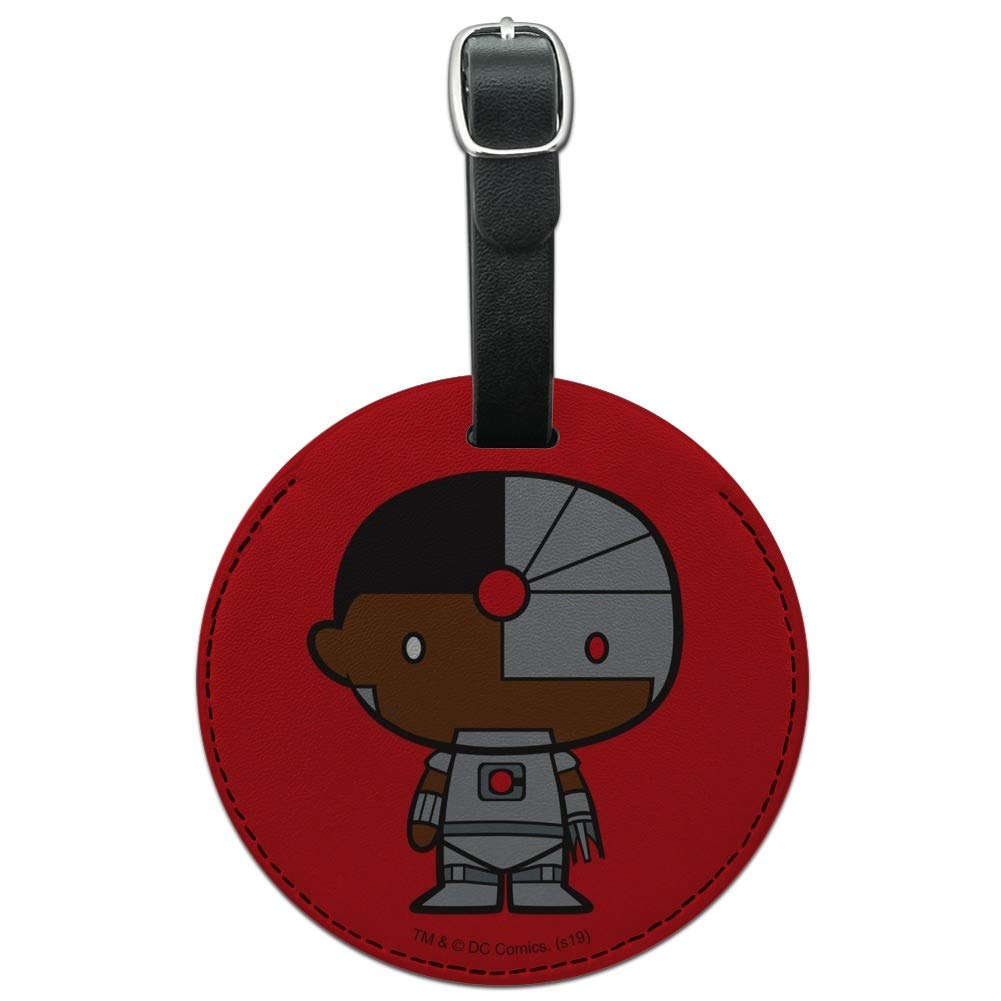 Justice League Cyborg Cute Chibi Round Leather Luggage Tag - Superhero-Themed ID Card Holder for Travel Bags, Suitcases & Backpacks - Perfect for DC Comics Fans & Cosplay Accessories