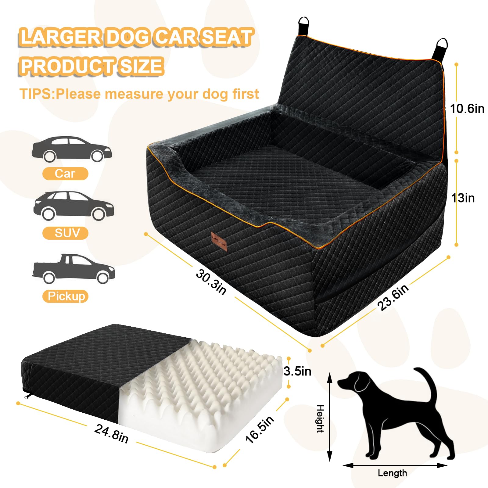 Premium Dog Car Seat for Large & Medium Dogs - Washable Booster Seat with Storage Pockets | Travel Safety Pet Bed for Dogs Under 60Lbs (Black) | Perfect for Road Trips, Daily Commutes & Vet Visits