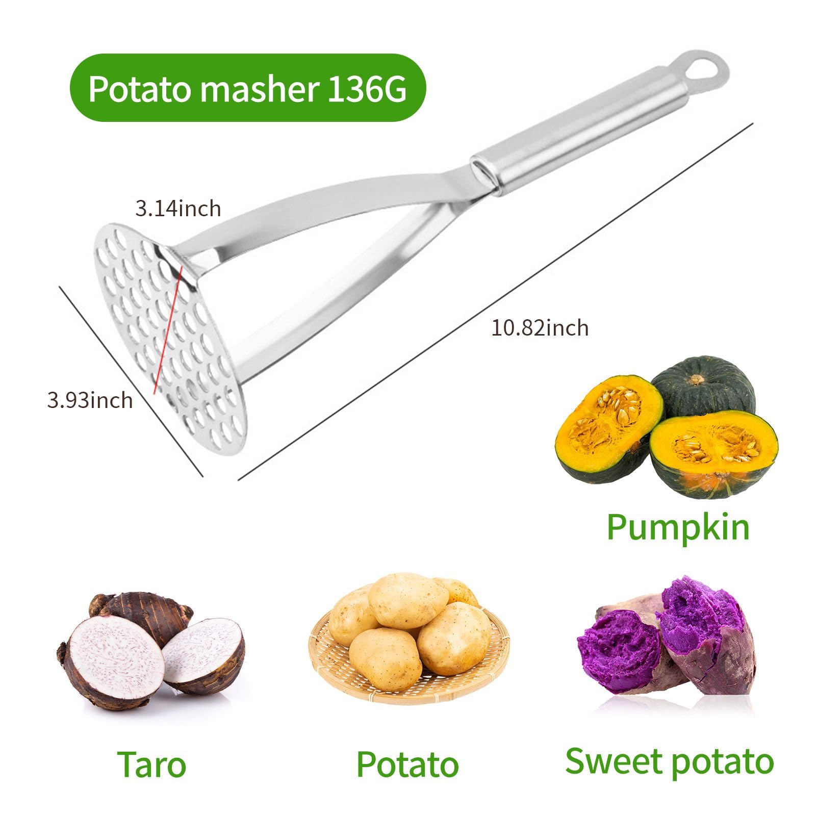 Stainless Steel Potato Masher - Heavy Duty Kitchen Tool for Mashing Potatoes, Avocados, Sweet Potatoes & Beans - Perfect for Making Mashed Potatoes, Guacamole & Baby Food