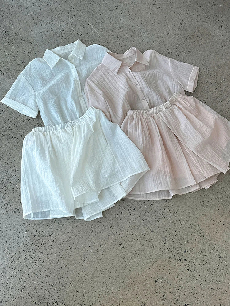 Beige Women's Two-Piece Suit Set - Thin Half Body Skirt & Lapel Short Sleeve Shirt | Spring Summer 2025 Fashion Trend | Office Wear, Casual Outfits, Party Dresses (Style 1DJ1239)