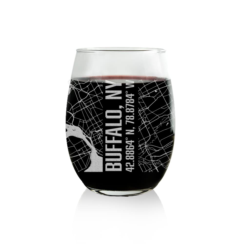 Buffalo New York City Map Stemless Wine Glass - Engraved Buffalo Skyline & Map Design, Perfect New York Souvenir Gift for Wine Lovers - Ideal for Parties, Home Decor & NY-Themed Events