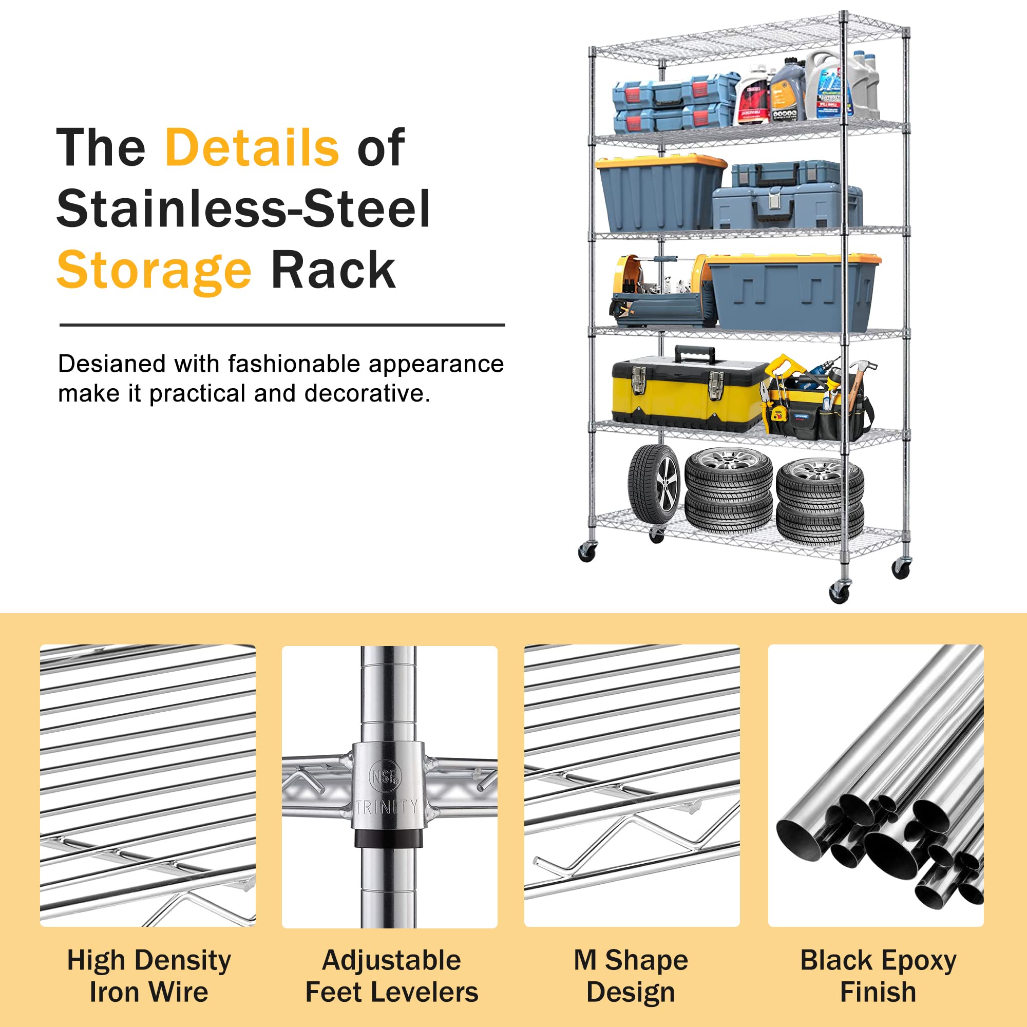 6-Tier Heavy Duty Steel Wire Shelving Rack with Wheels - 48
