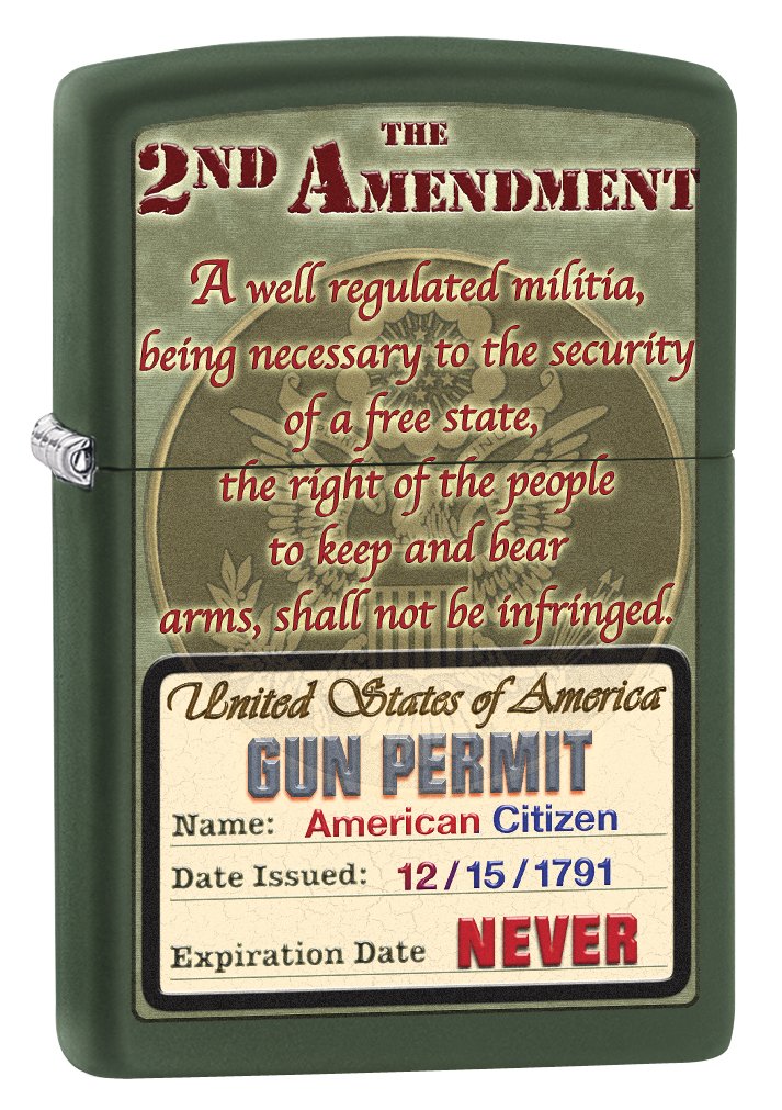 Zippo Lighter Second Amendment Rights - Green Matte 76584 | Windproof Metal Lighter for Outdoor Camping, Hiking & Survival Gear | Patriotic Collectible Gift for Men
