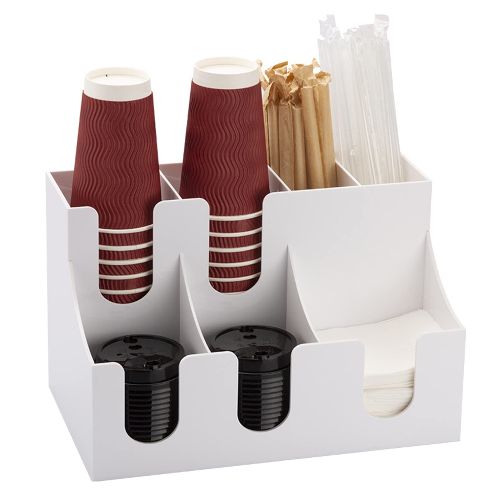 White Coffee Condiment & Accessories Organizer - Cup Lid Dispenser with Tea Bag, Sugar & Straw Storage - Perfect for Office Coffee Station & Home Kitchen Organization