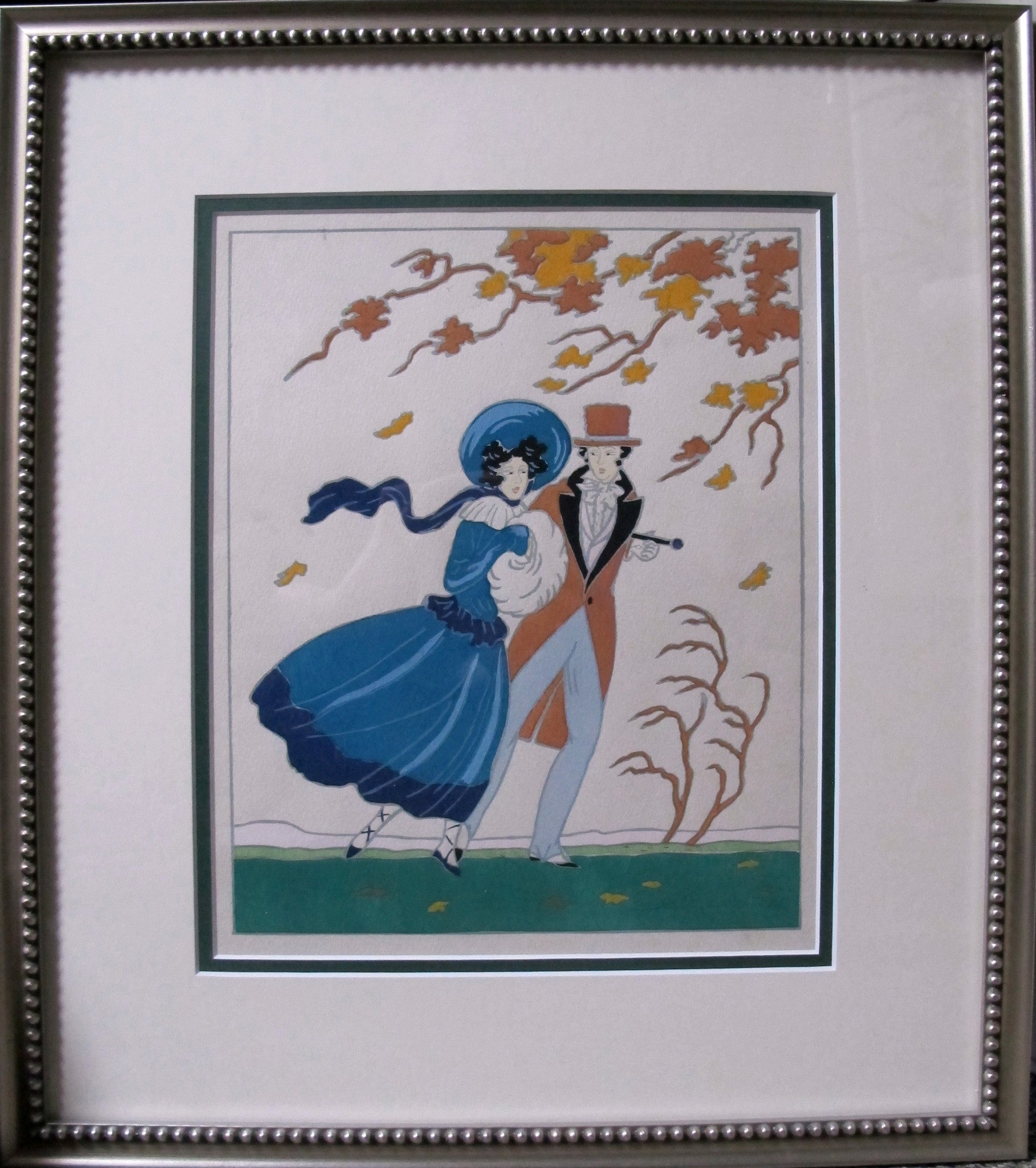 Vintage 1915-1920 Framed Autumn Fashion Pochoir Art Print by Lucien Baubaut - Wall Decor for Living Room, Bedroom & Office