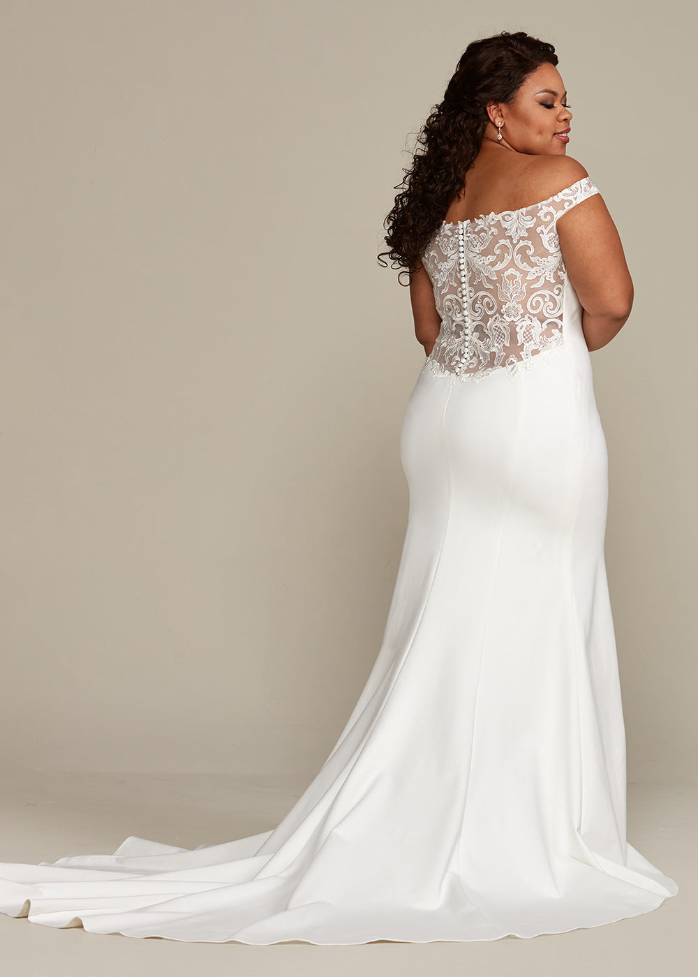 Ember Off The Shoulder Lace Wedding Dress with Button Up Back - Elegant Bridal Gown for Beach, Church and Outdoor Ceremonies