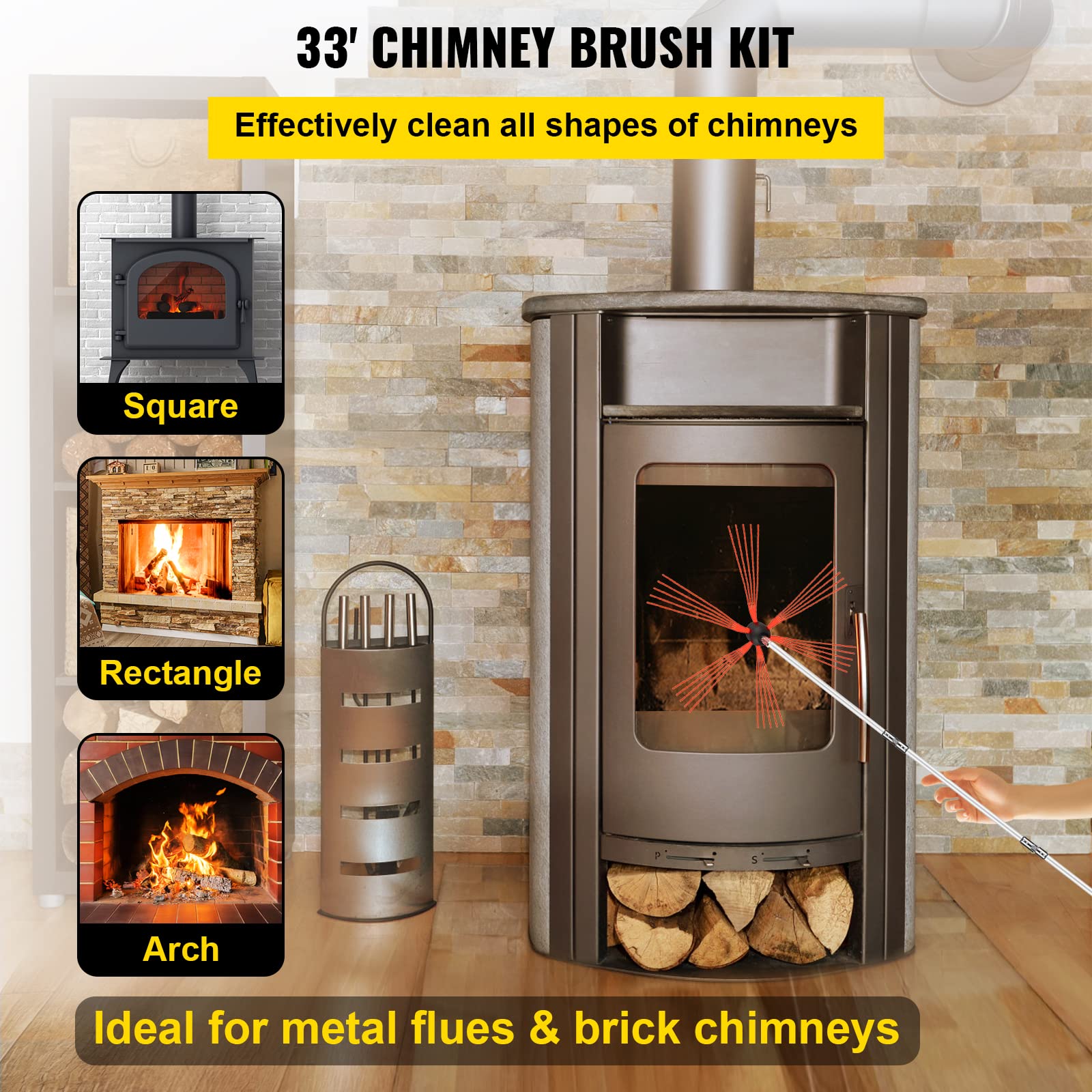 VEVOR 33FT Chimney Sweep Kit with 10 Nylon Flexible Rods & 2 Brush Heads - Drill-Powered Rotary Cleaning System for Fireplace, Wood Stove, and Chimney Maintenance - Perfect for Homeowners and Professional Use
