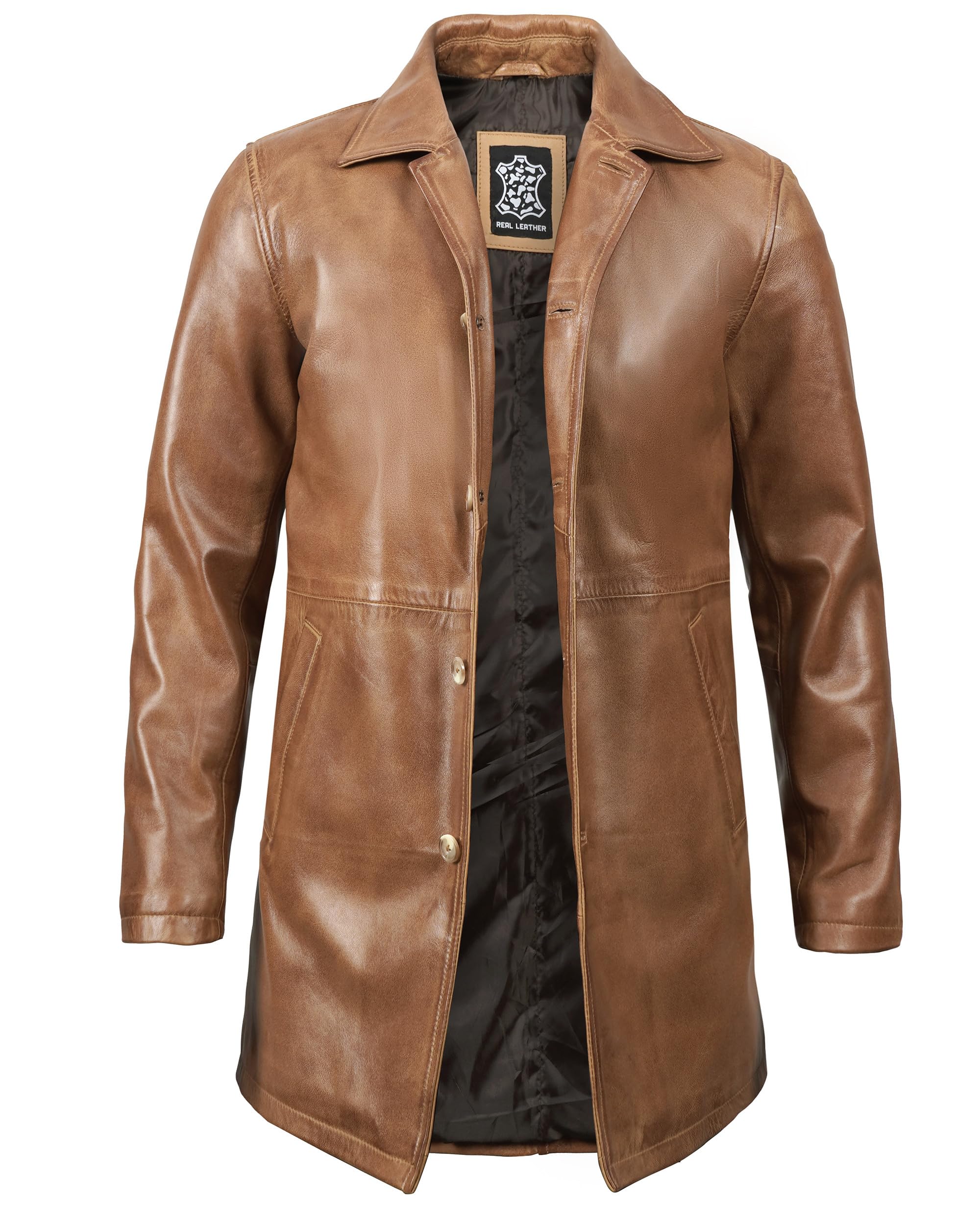 Decrum Genuine Leather Coat for Men - Classic Long Winter Carcoat Style Jacket | Warm & Stylish Outerwear for Casual, Office & Outdoor Activities