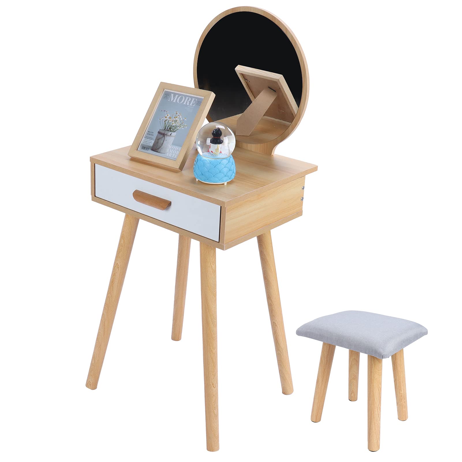 GOTOTOP Vanity Dressing Table Set with Large Frameless Mirror & Cushioned Stool - Makeup Desk with Spacious Drawers for Jewelry Storage - Perfect for Bedroom, Dressing Room & Beauty Salon