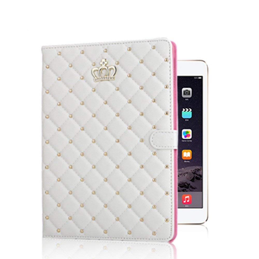 Topwin Diamond Crown Design PU Leather Case for iPad 9.7 (2017/2018) & iPad Air 2/Air - Auto Sleep/Wake, Shockproof Protective Cover with Stand (White) - Perfect for Work, School & Travel