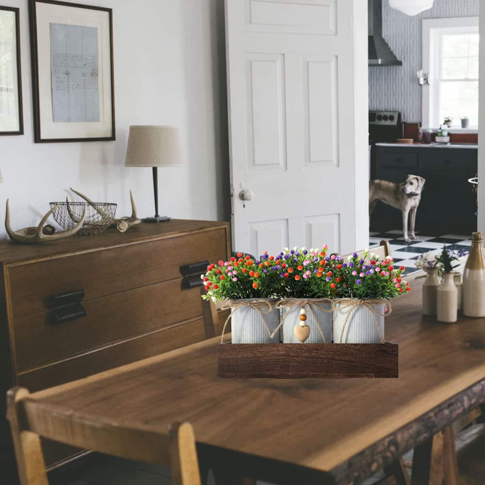 Rustic Wooden Tray with 3 Metal Potted Artificial Milan Flowers - Farmhouse Centerpiece Decor for Dining Table, Living Room & Kitchen | Perfect for Wedding, Party & Home Styling