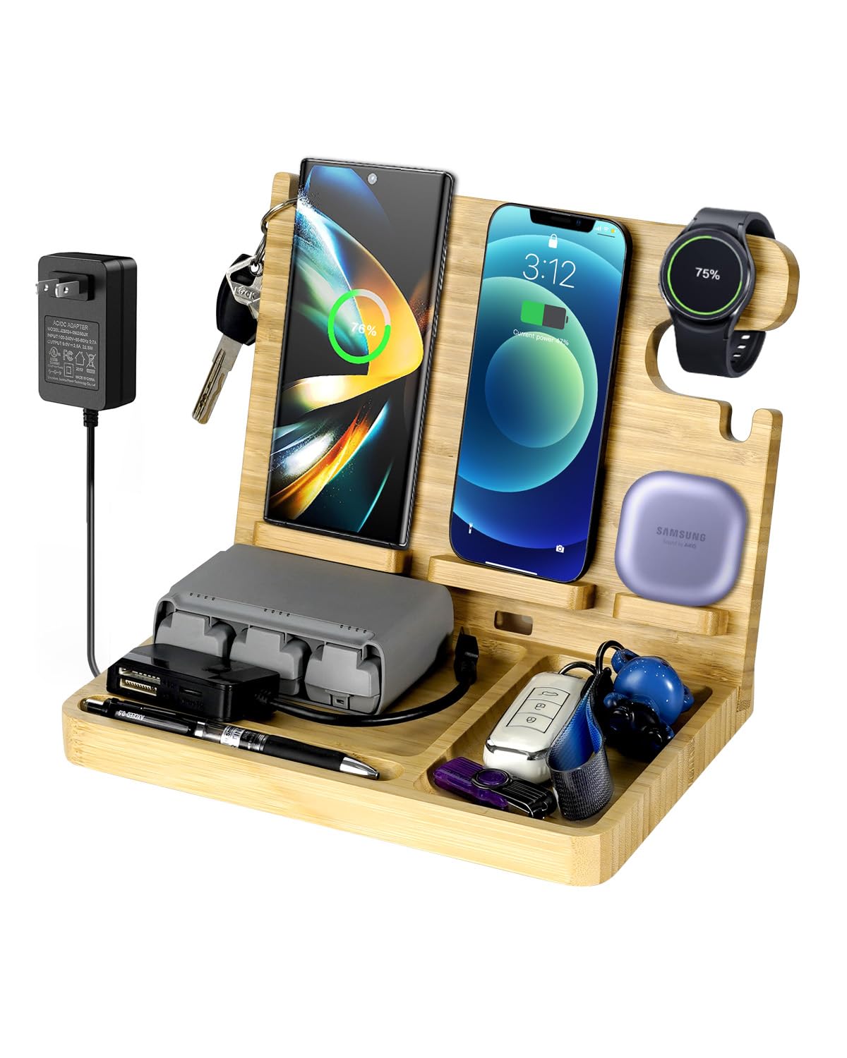 **27W Fast Wireless Charging Station for Two Phones - Wood Phone Docking Station with Samsung Galaxy Watch & Buds Charger - Nightstand Organizer for Men - Perfect Gift for Dad, Husband, or Boyfriend (Home & Office Use)**