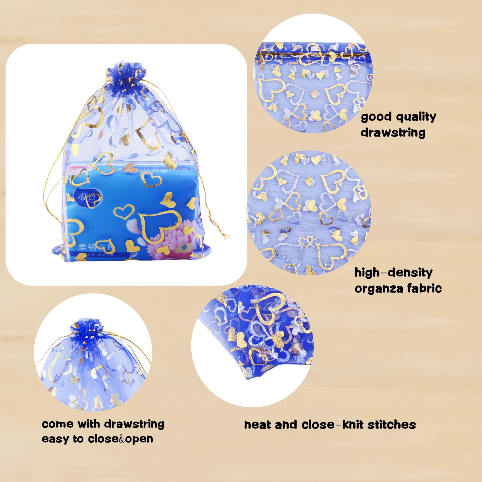 100 Pack 7x9 Inch Royal Blue Heart Drawstring Organza Bags - Jewelry Gift Pouch, Wedding Favor Bags, Candy Pouch for Party Favors, Bridal Shower, Baby Shower & Special Events
