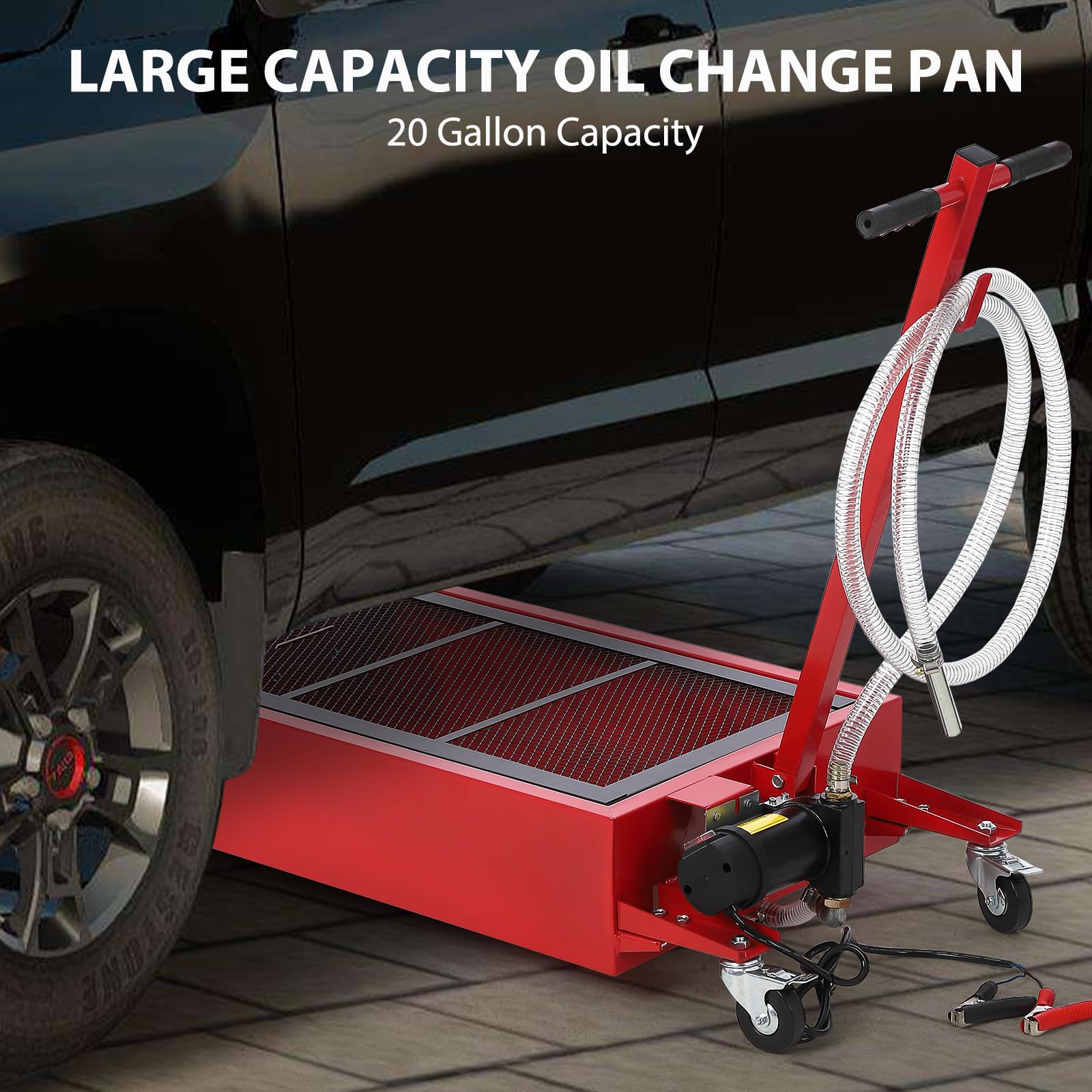 Garvee 20 Gallon (76L) Oil Drain Pan with 12V Electric Pump - Low Profile Oil Change Tank with Foldable Handle, Wheels & 8FT Hose - Ideal for Car, SUV, Truck Maintenance & DIY Oil Changes