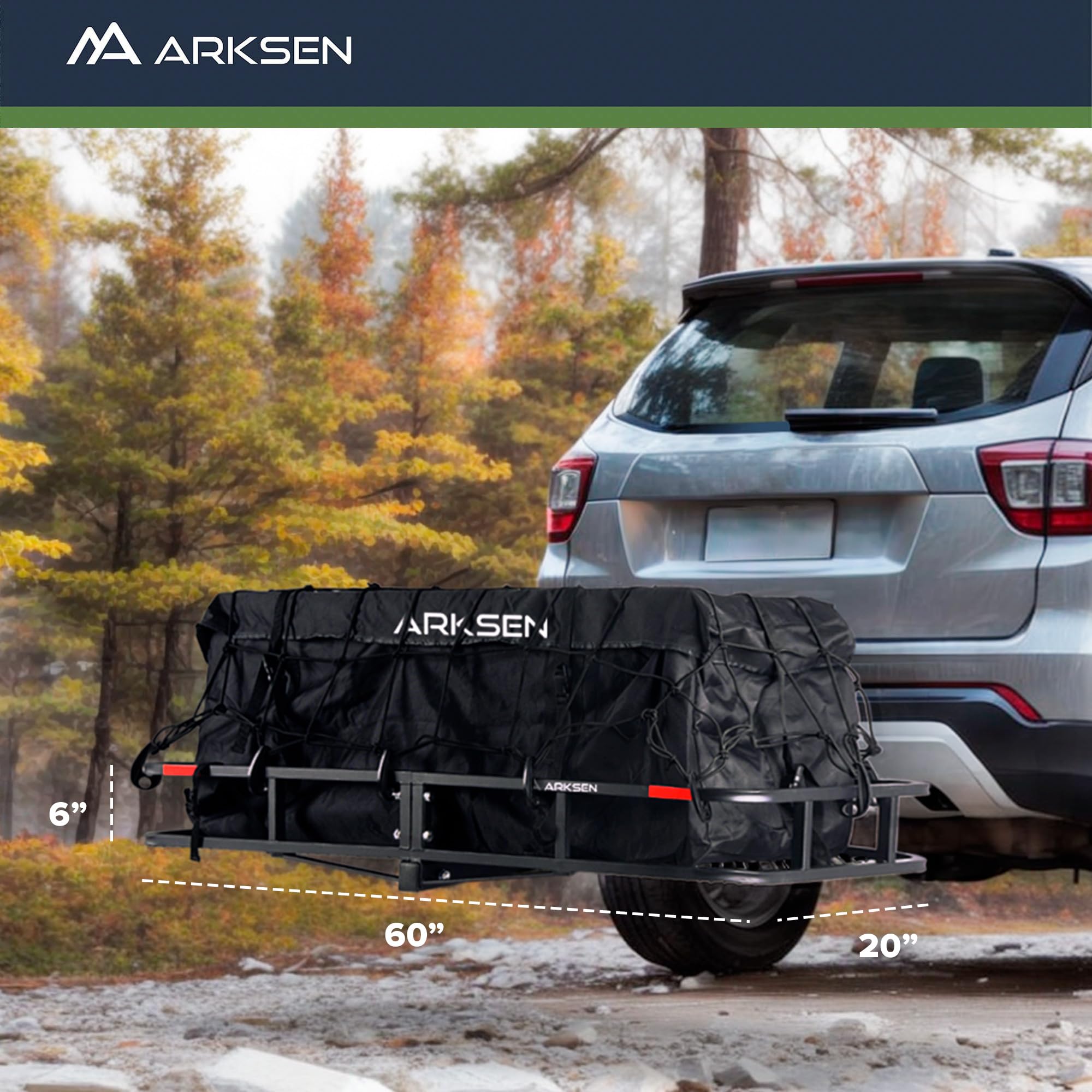 ARKSEN 60 x 20 x 6 Inch Heavy Duty Cargo Rack Carrier - 500 lbs Capacity, Waterproof Storage Bag, Angled Tow Hitch Basket for SUV, Pickup Truck, Car | Perfect for Camping, Road Trips, Traveling & Outdoor Adventures