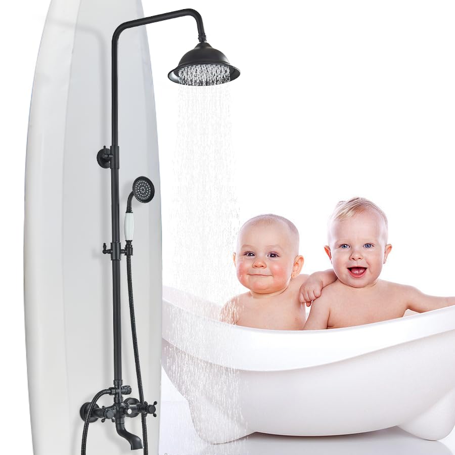 Premium Matte Black Outdoor Shower System - 8 Inch Rainfall Shower Head, Handheld Spray & Tub Spout with 2 Cross Handles - Wall Mounted Bathroom & Backyard Shower Faucet Set for Patio, Poolside & Garden Use