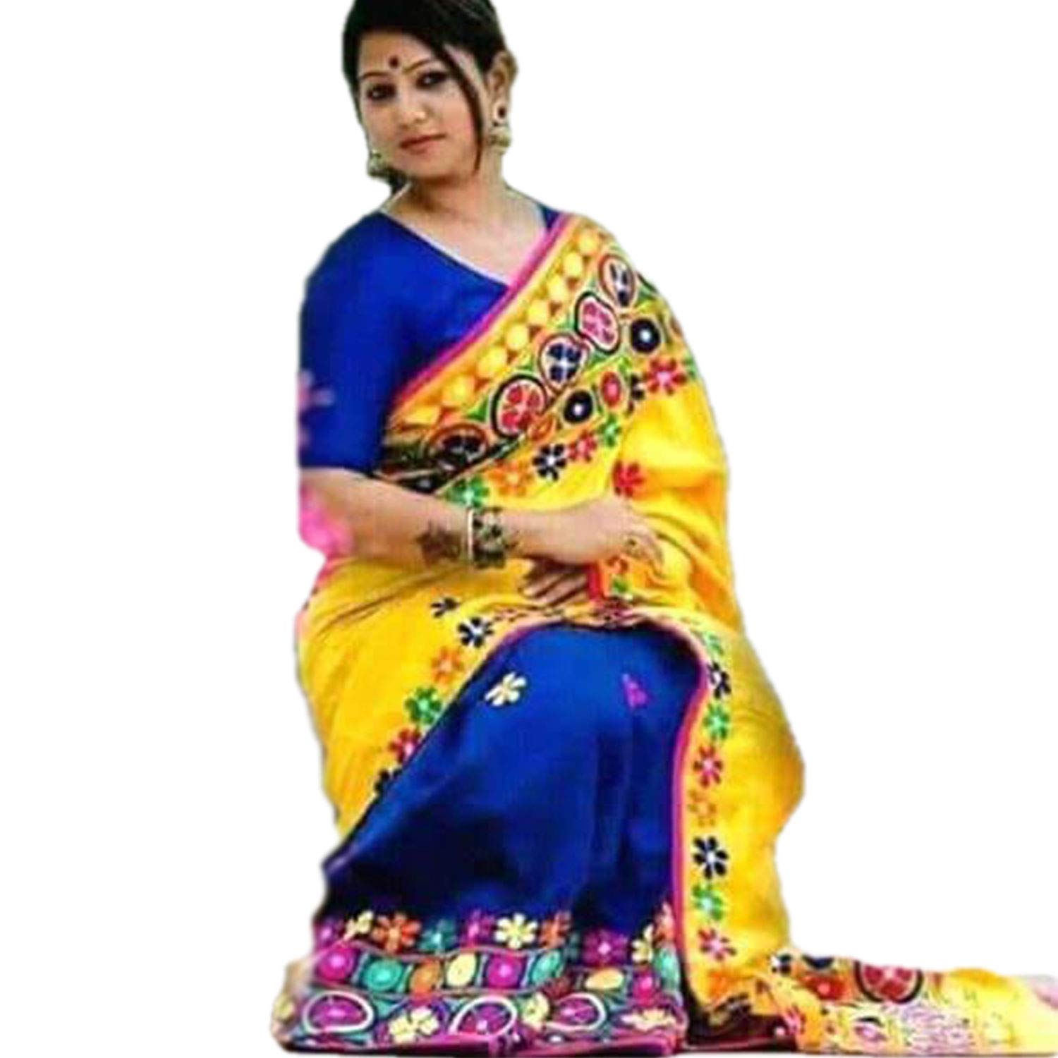 Handmade Indian Christmas Saree for Women - Blue & Yellow Cotton Silk Blend with Wool Embroidery & Mirror Work | Traditional Ethnic Attire for Festivals, Weddings & Holiday Parties