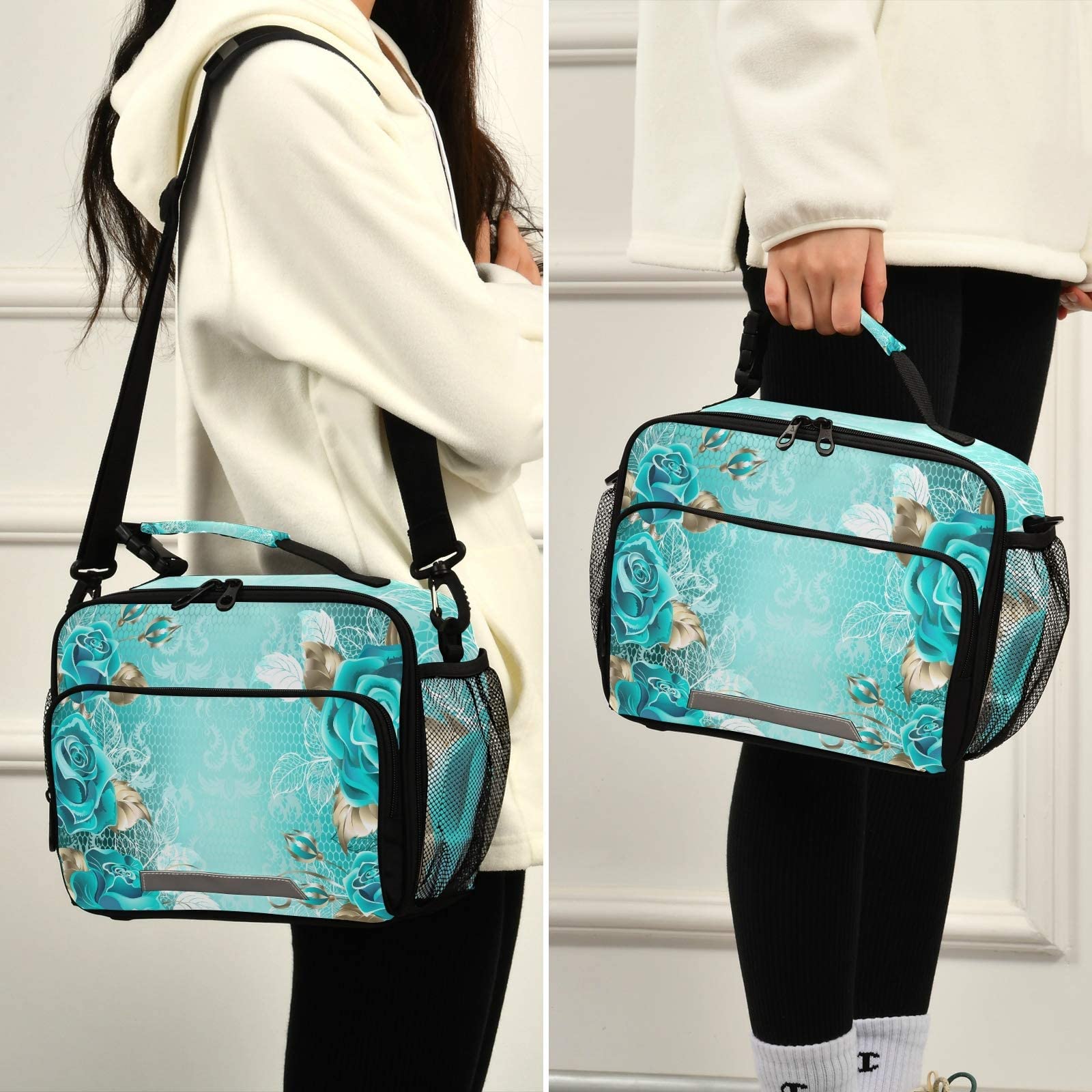 ALAZA Insulated Lunch Bag for Women & Men - Reusable Tote Cooler Bag with Adjustable Shoulder Strap, Elegant Lace Turquoise Roses White Gold Design | Perfect for Work, School, Picnics & Outdoor Activities