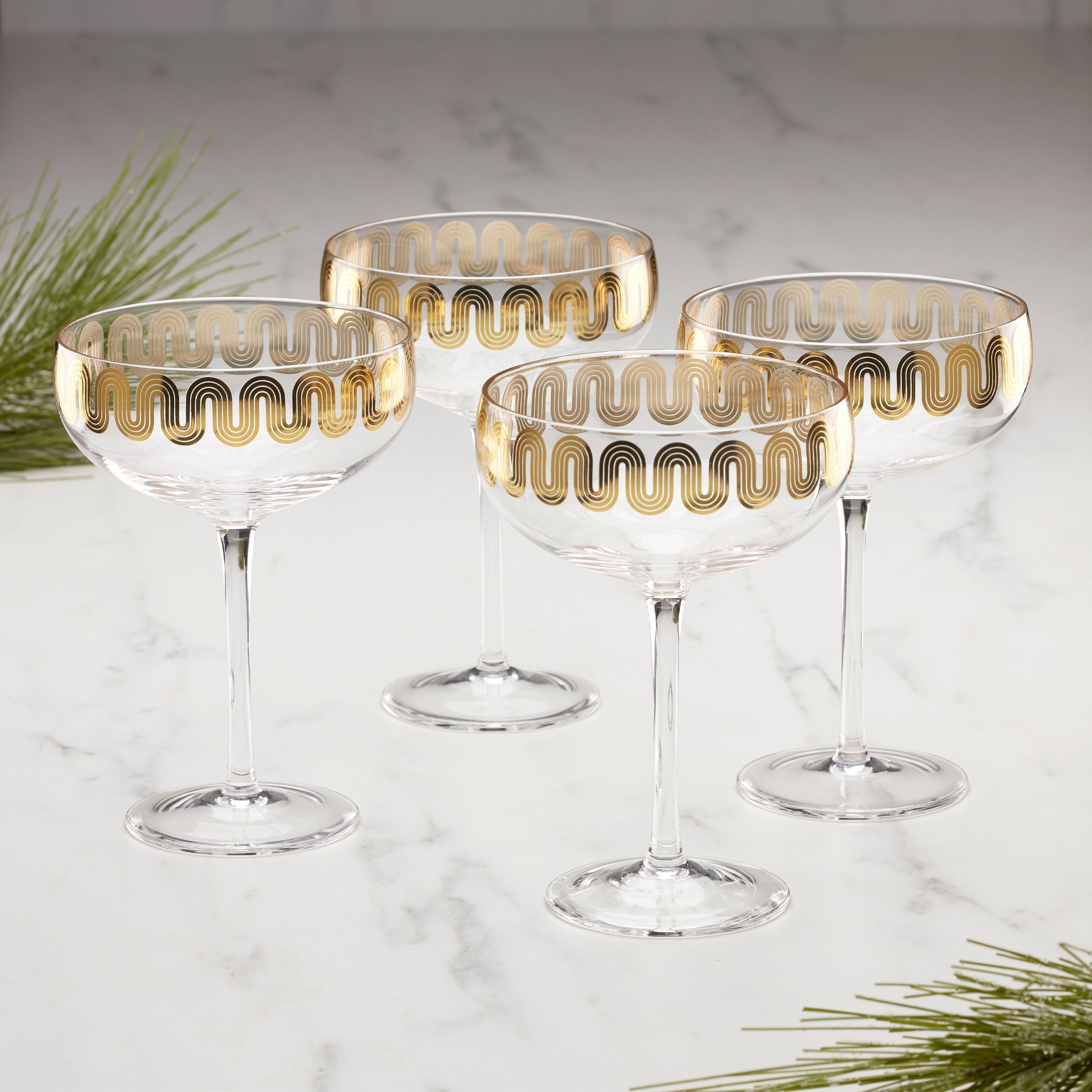 Elegant Gold Decal Coupe Glasses Set of 4 - Vintage Champagne Glasses for Wedding, Party & Home Bar Decor - Perfect for Cocktails, Prosecco & Celebrations