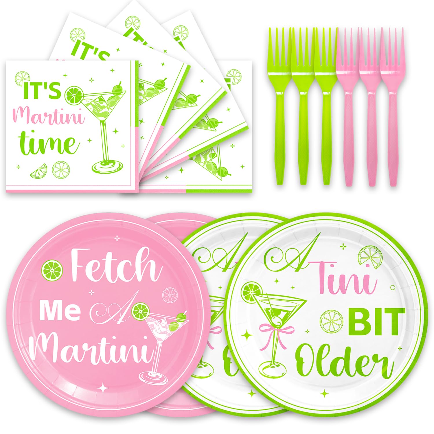 48PCS Pink and Green Martini Birthday Party Supplies - Disposable Plates, Napkins, Forks for 16 Guests - A Tini Bit Older Theme Decorations - Perfect for Cocktail Parties, Bachelorette Celebrations & 21st Birthday Events
