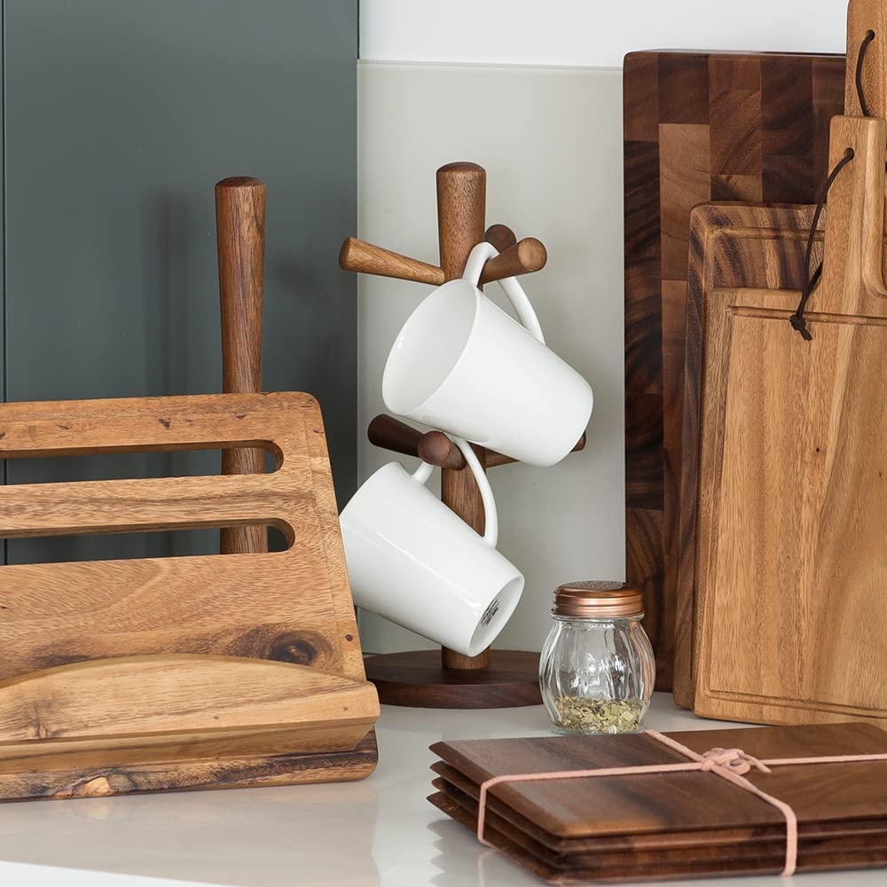 Acacia Wood Mug Tree for 6 Cups - Rustic Tuscany Style Coffee Mug Holder - Perfect for Kitchen, Dining Room, or Coffee Shop Display
