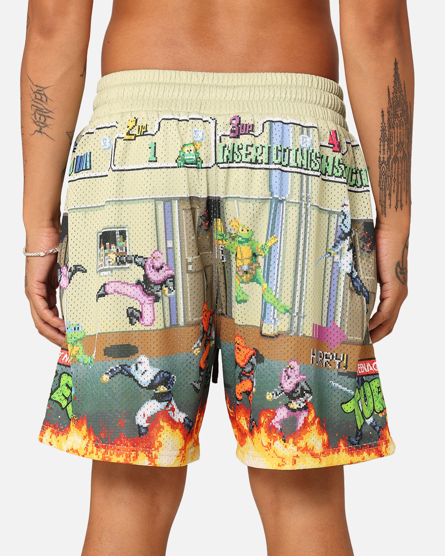 American Thrift X Teenage Mutant Ninja Turtles Arcade Retro Mesh Shorts - Tan/Multi Color - Casual Streetwear & 90s Nostalgia Fashion for Men