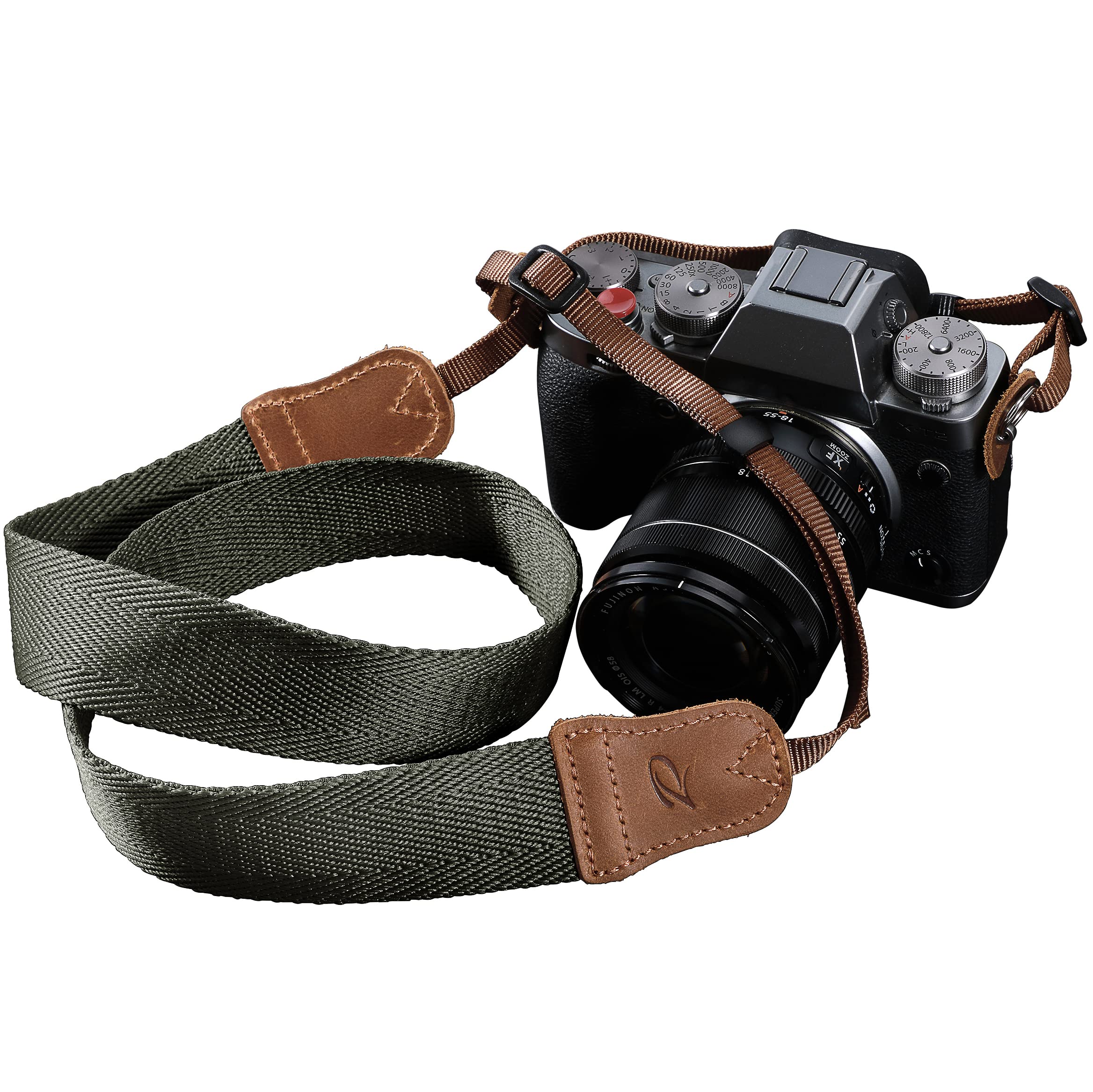 Premium Olive Green Camera Strap - Double Layer Top-Grain Cowhide Ends & 1.5
