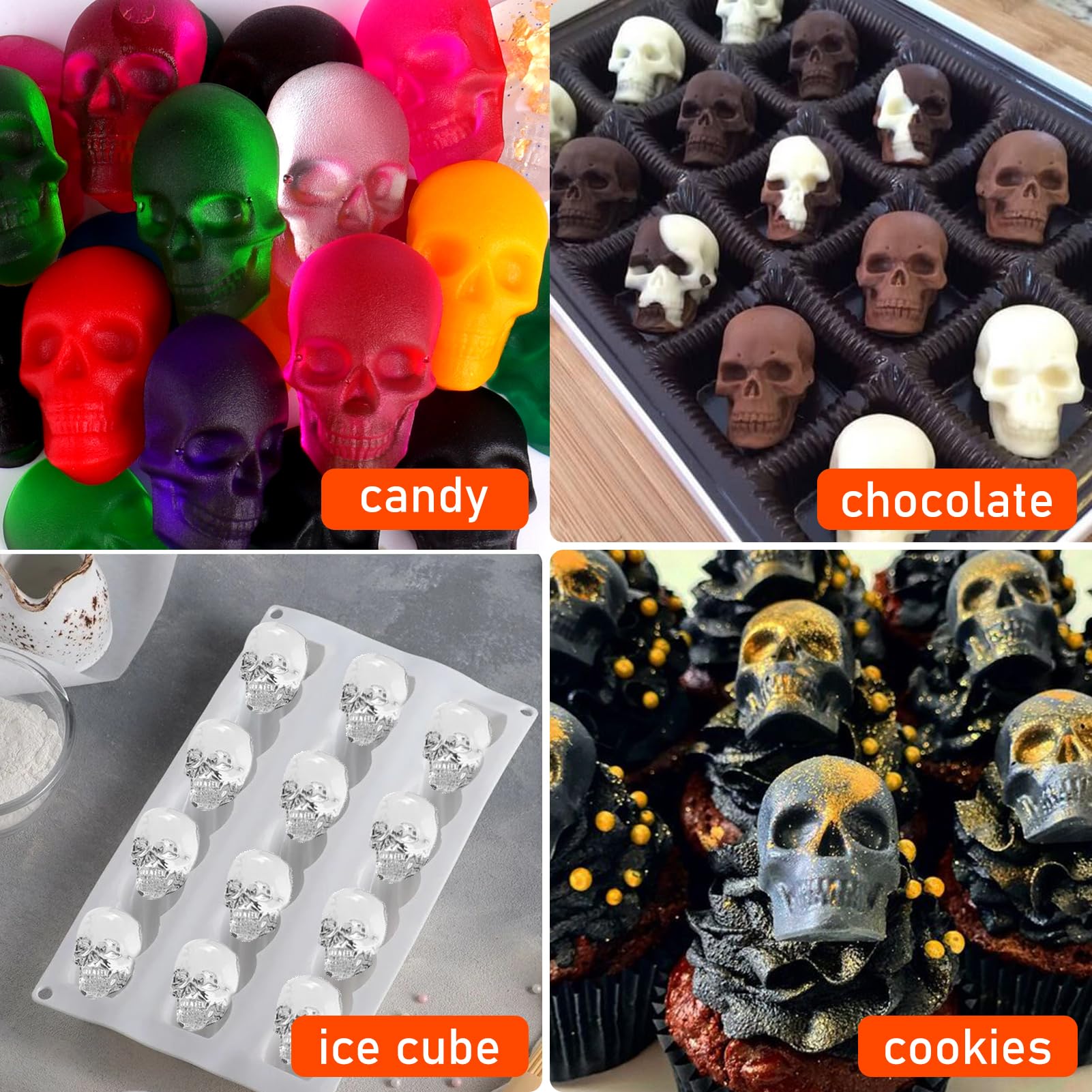Premium 4-Pack Silicone Skull Candy Molds - 40 Cavity Non-Stick Gummy, Chocolate & Jelly Molds with 2 Droppers - Perfect for Halloween Treats, Party Favors, Baking Decorations & DIY Desserts