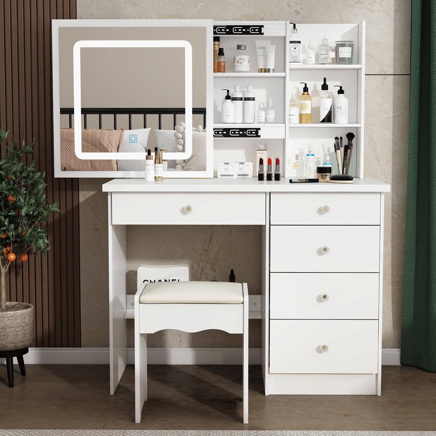 Large Vanity Table Set with Mirror & Stool - 5 Drawers, Shelves, White Sliding Lighted Makeup Dressing Desk for Bedroom, Beauty Salon | Perfect for Makeup Application, Hair Styling & Home Decor