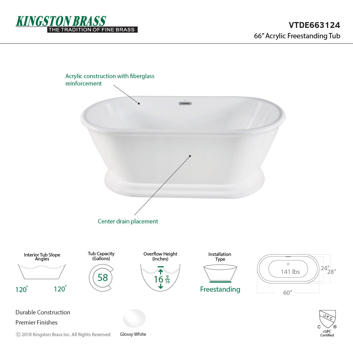 Aqua Eden 66 Inch Acrylic Oval Double Ended Freestanding Bathtub - Glossy White Pedestal Soaking Tub with Drain (No Faucet Holes) | Luxury Bathroom Upgrade for Spa-Like Relaxation