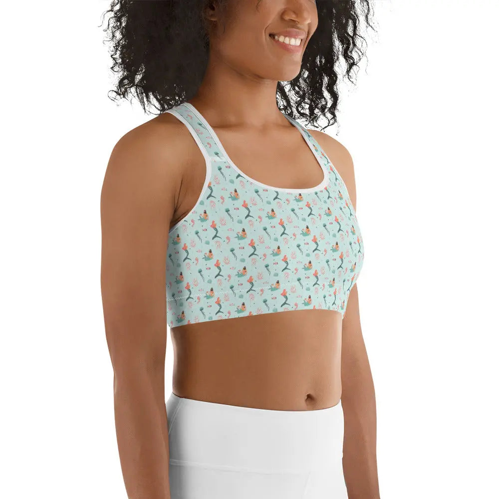 High Support Sports Bra for Women - Mermaid Sea Print Gym Workout Top - Perfect for Yoga, Running & Fitness Training