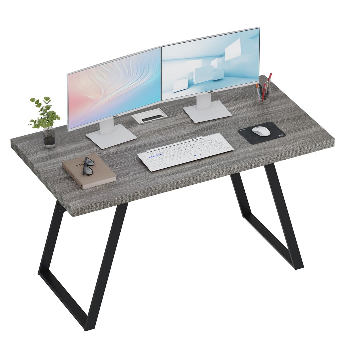 BON AUGURE 55 Inch Computer Desk - Wood & Metal Home Office Workstation (Dark Grey Oak) for Study & Workspace