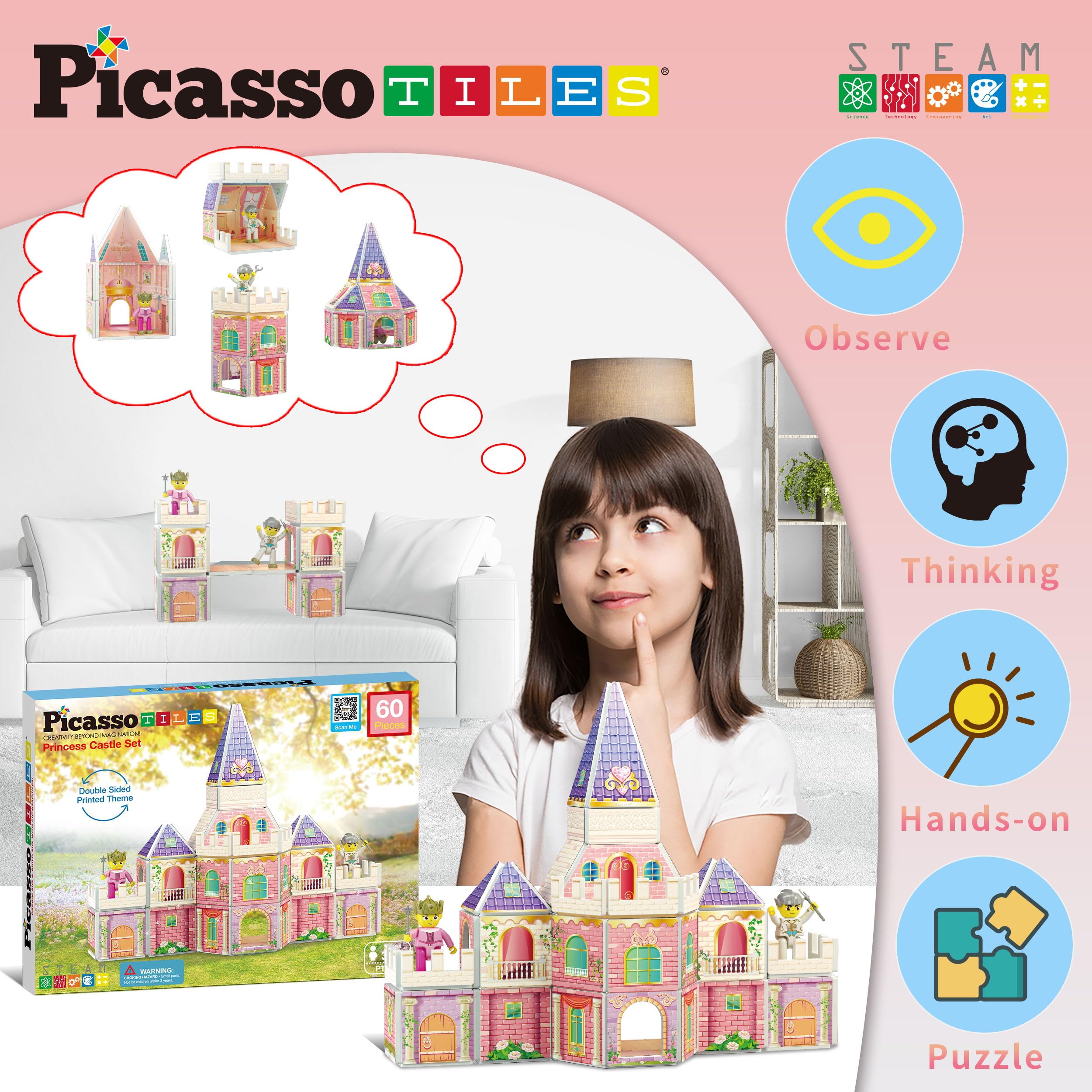 PicassoTiles Magnetic Building Blocks - Princess Castle Theme with 2 Action Figures, Double-Sided STEM Learning Toy for Kids Ages 3+ | Creative Construction, Fantasy Play & Educational Development (PTQ04) - Perfect for Birthday Gifts, Classroom Activities & Imaginative Playtime