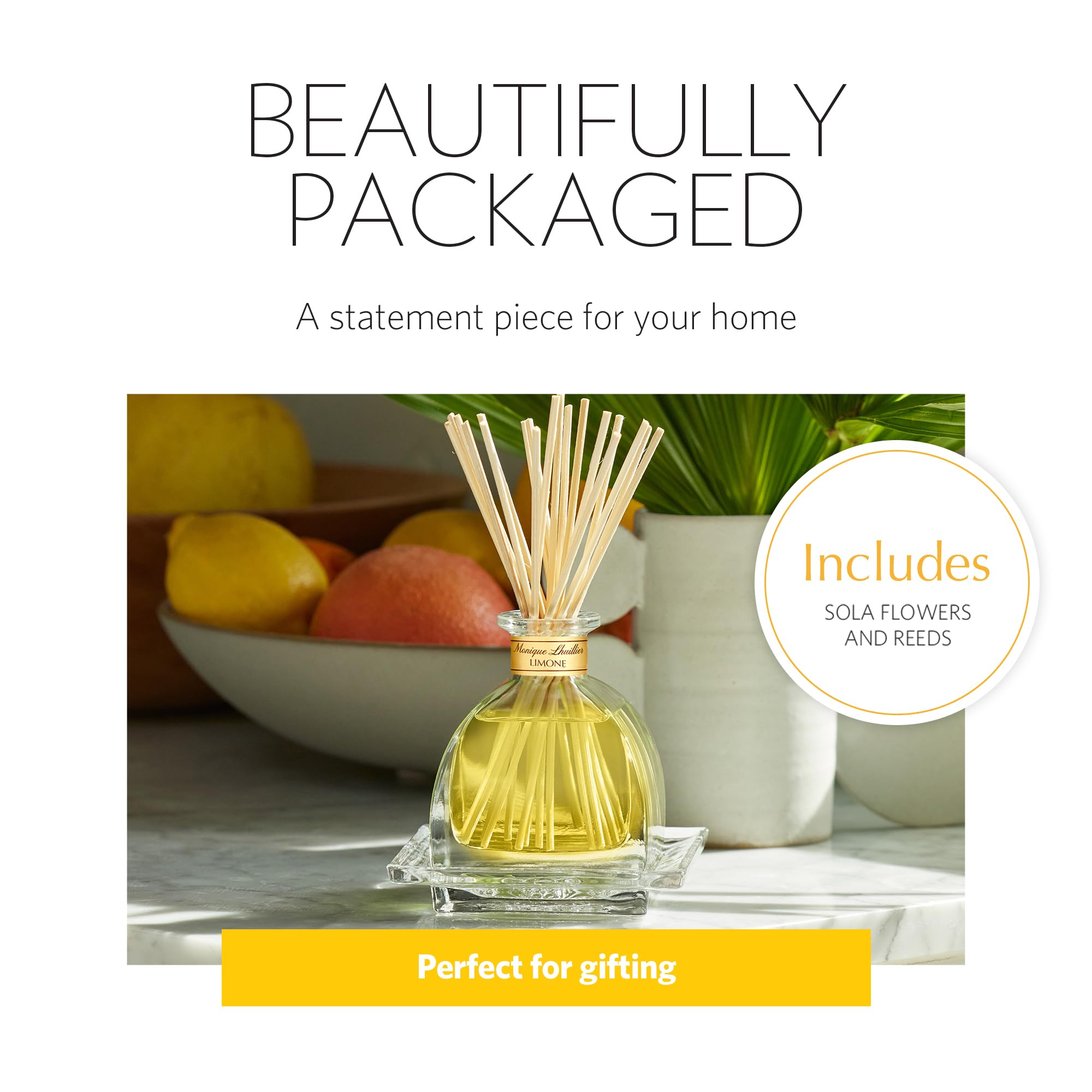 AGRARIA Monique Lhuillier Limone Scented AirEssence Diffuser - 7.4 oz Reed Diffuser with Natural Reeds & Floral Accents | Perfect for Home, Office, Bedroom & Bathroom Aromatherapy