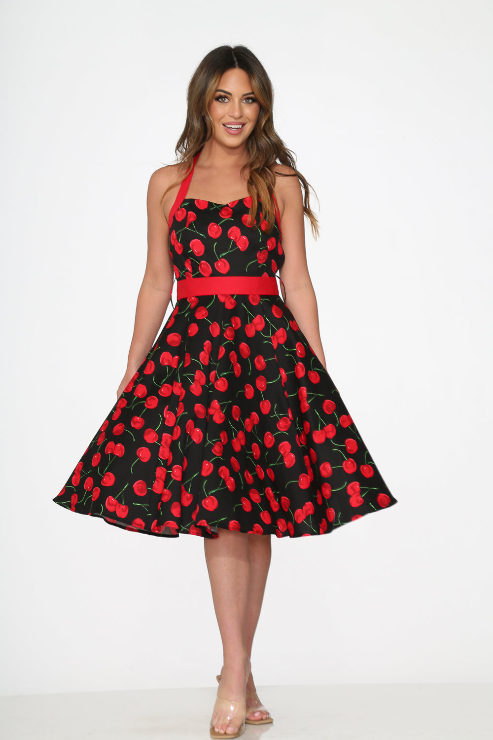 Black & Red Cherry Halter Dress for Women - Sexy Summer Party Dress - Perfect for Beach Vacations, Date Nights & Cocktail Parties