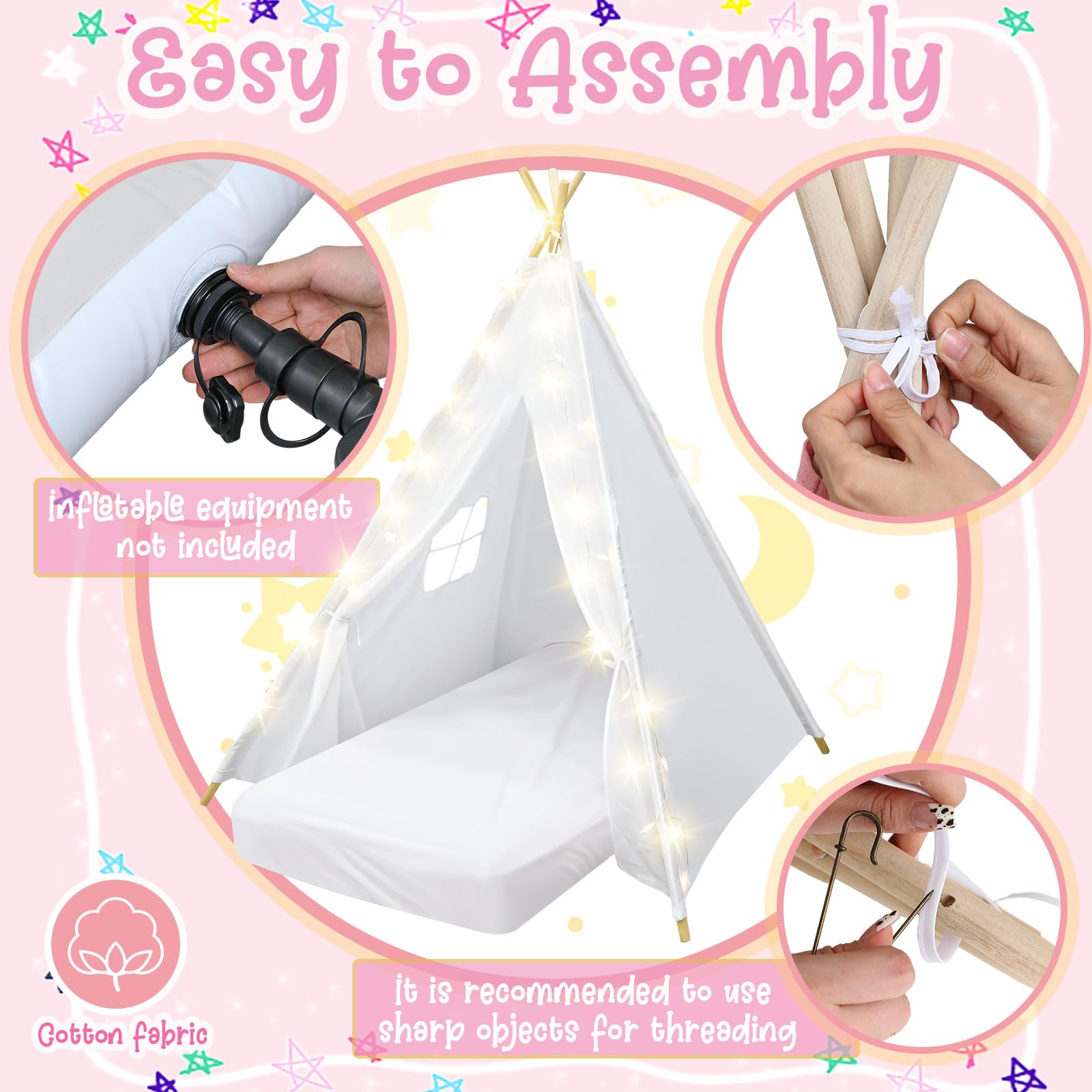 2 Pack Kids Teepee Tent with Mattress & Accessories - Washable Natural Cotton Play Tent for Boys & Girls - Indoor Outdoor Playhouse for Sleepovers, Birthday Parties & Backyard Adventures (White)