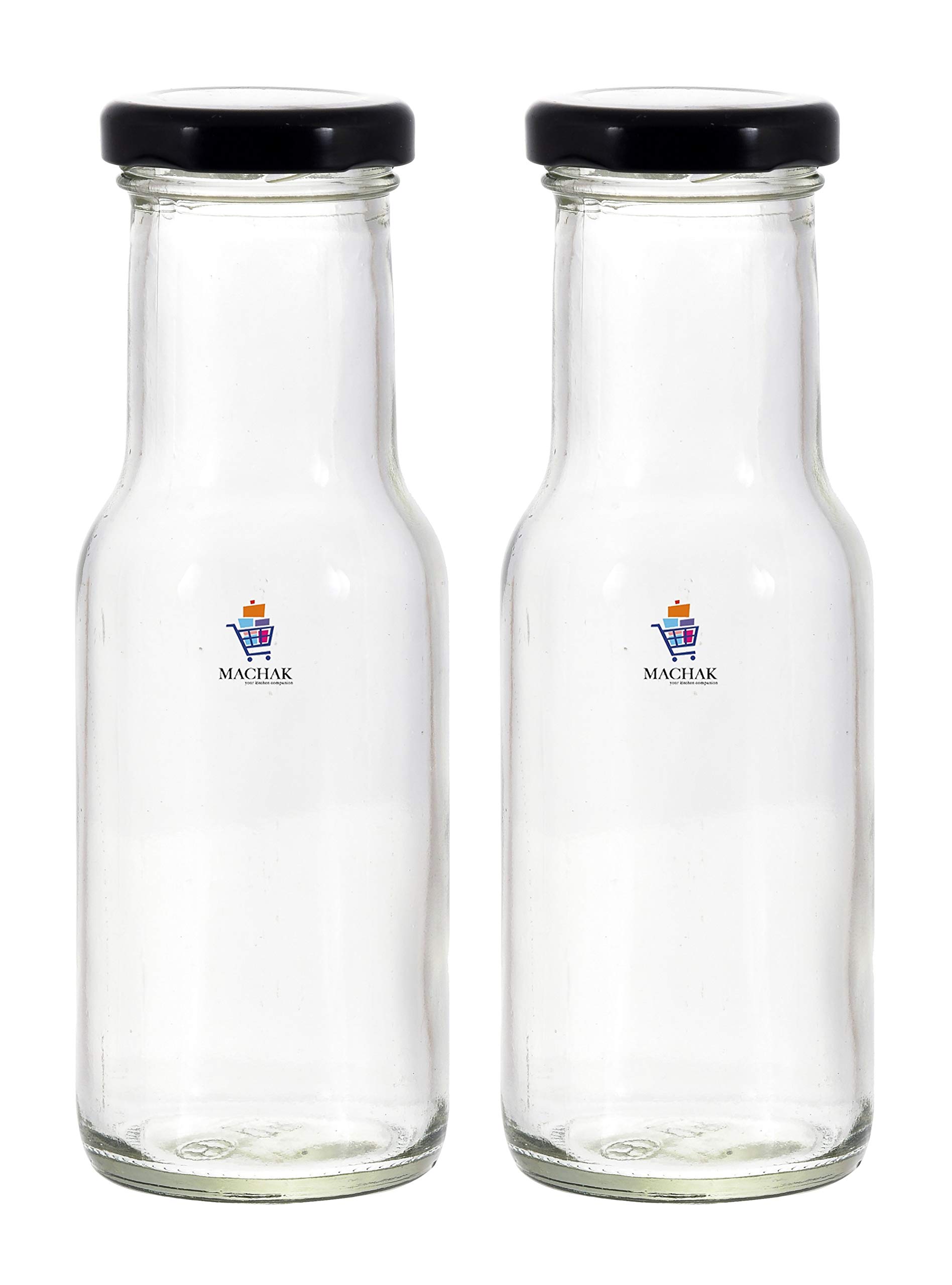200ml Glass Bottles for Milk, Juice - 2 Pack with Rust Proof & Airtight Black Lids - Perfect for Homemade Beverages, Meal Prep & Office Drinks