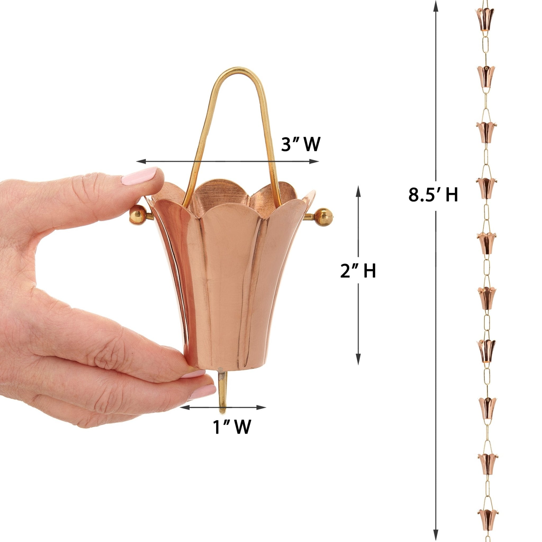 8.5 ft Fluted Flower Rain Chain with 11 Large Cups - Decorative Garden Water Drainage for Downspouts & Outdoor Decor