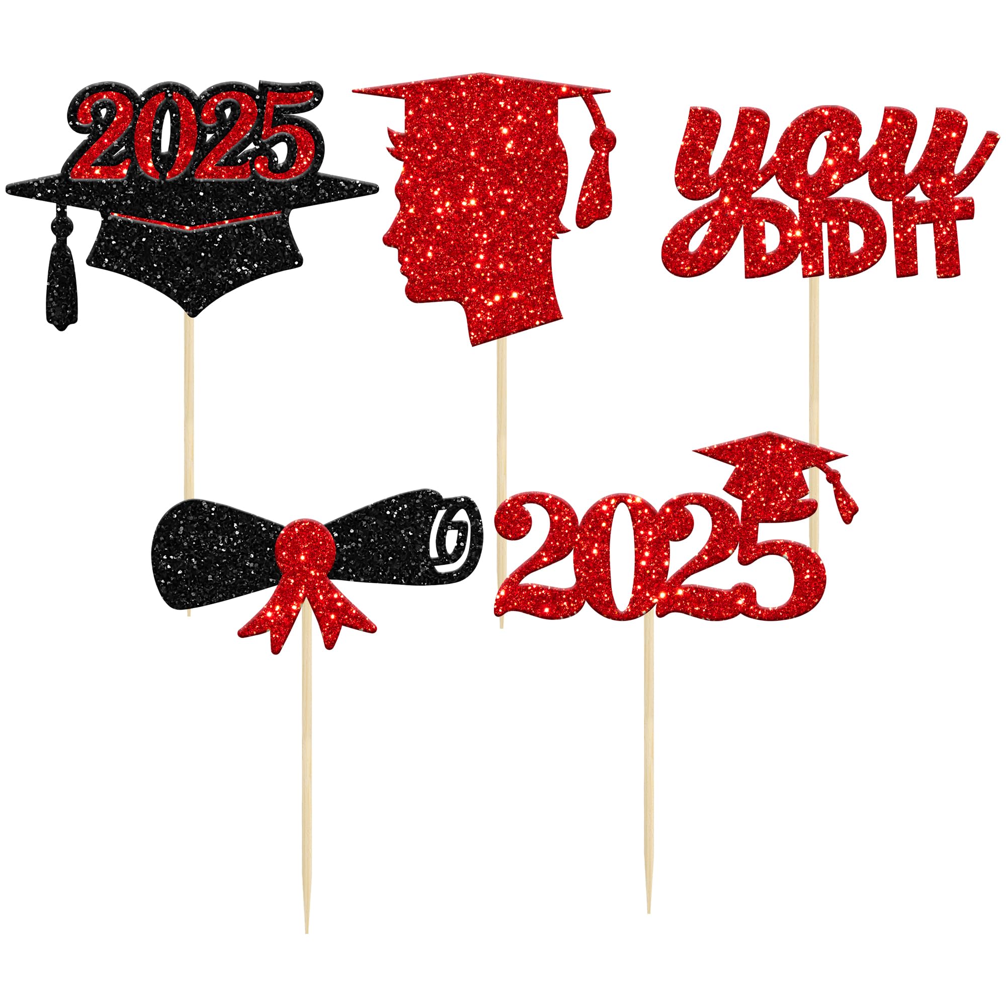 30Pcs Red Glitter Graduation Cupcake Toppers - Class of 2025 Diploma Cap Cake Decorations for Women & Girls | Perfect for 2025 Graduation Theme Party, Birthday Celebrations & School Events