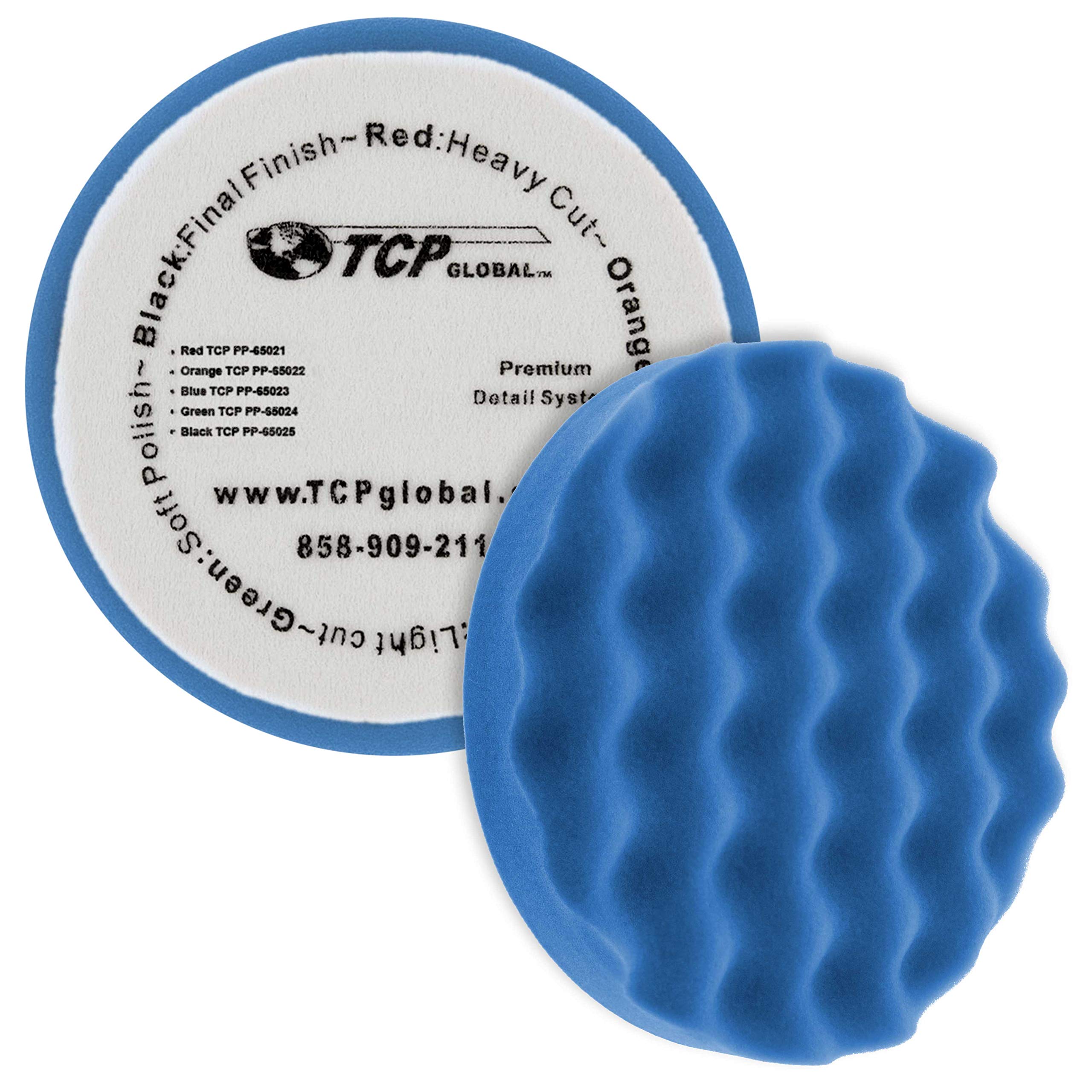TCP Global 6.5 Inch Blue Light Blocking Waffle Foam Pad with Flexible Edge - Hook & Loop Backing Pad for Car Detailing, Paint Correction & Polishing