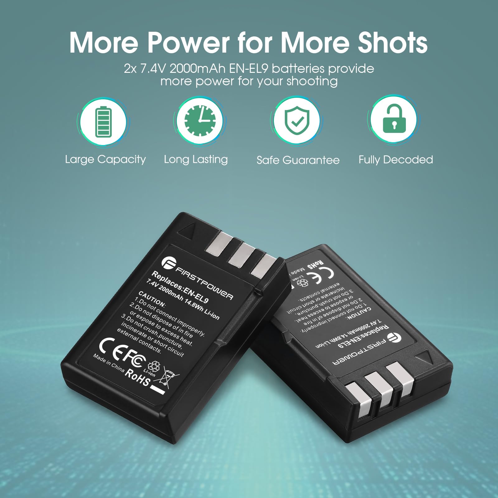 FirstPower EN-EL9 EN-EL9a Rechargeable Battery 2-Pack 2000mAh with Dual USB Charger - Compatible with Nikon D40 D40x D60 D3000 D5000 DSLR Cameras - Perfect for Travel Photography & Professional Shooting